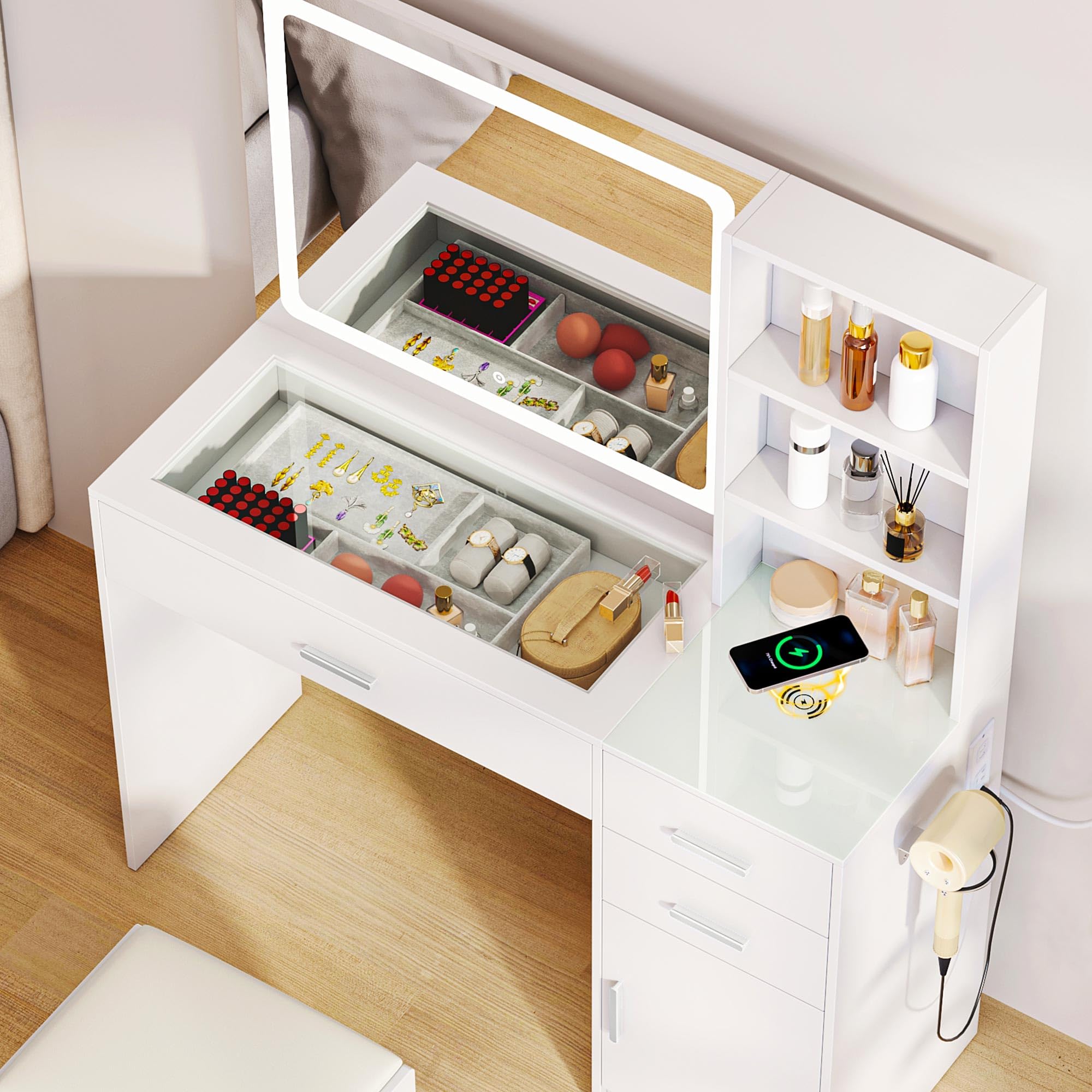 YITAHOME Dressing Table with Glass Top, LED Light, 3 Drawers, and Storage Stool 3