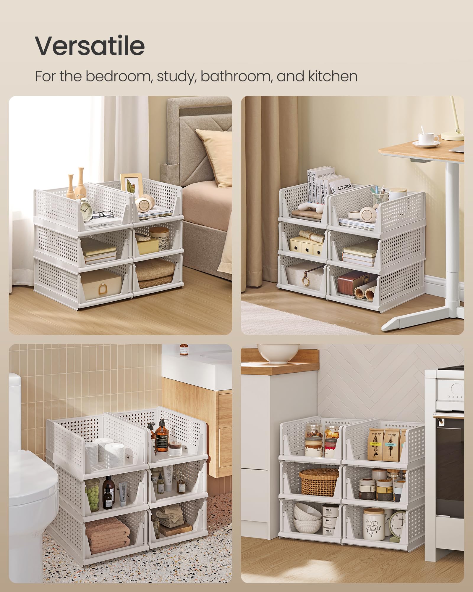 SONGMICS Stackable Wardrobe Storage - Set of 6 Foldable Closet Organisers | White Polypropylene 6