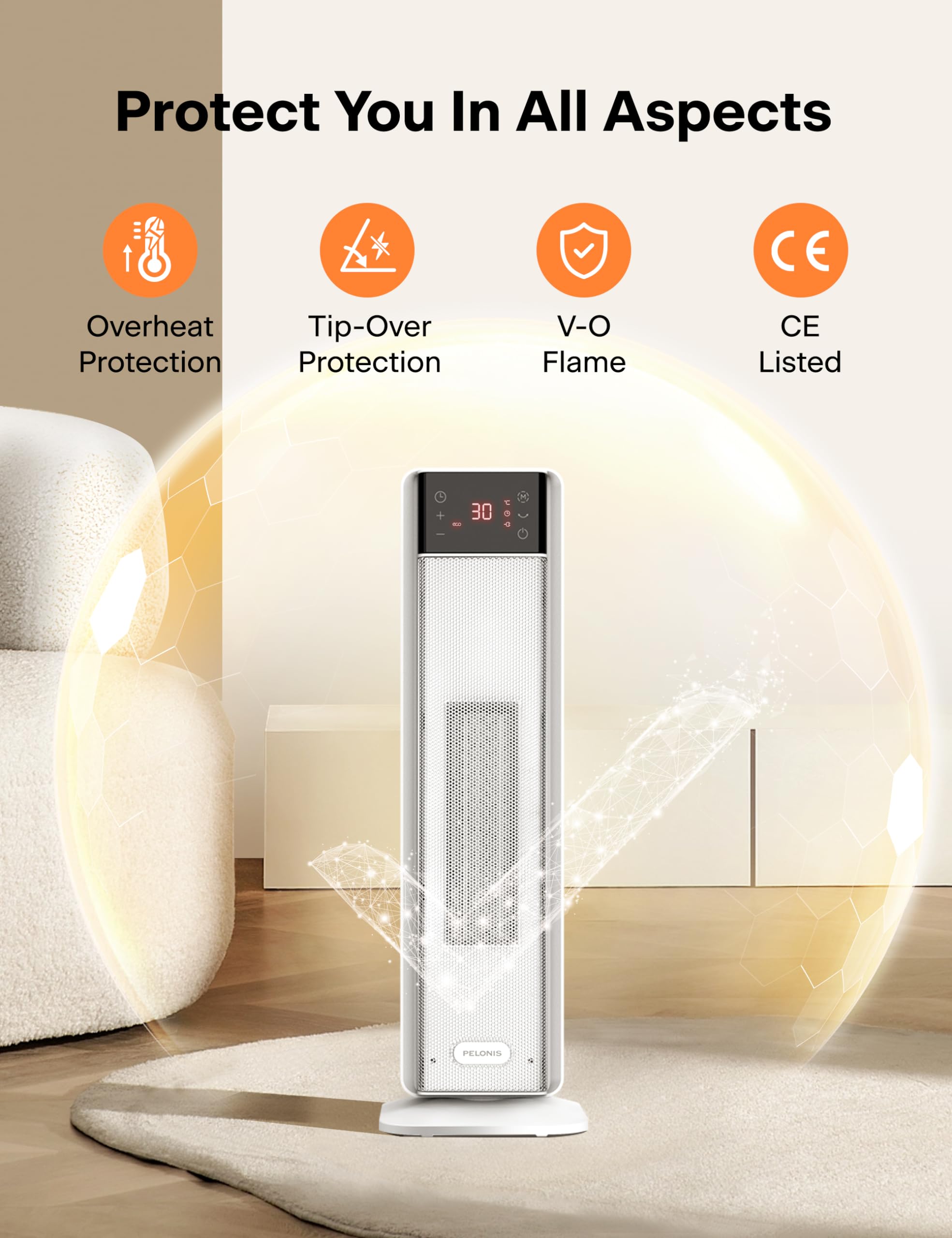 Pelonis Electric Heater - 2000W Silent Portable Ceramic Room Heater with 75° Oscillation, 24H Timer, Thermostat | White 7
