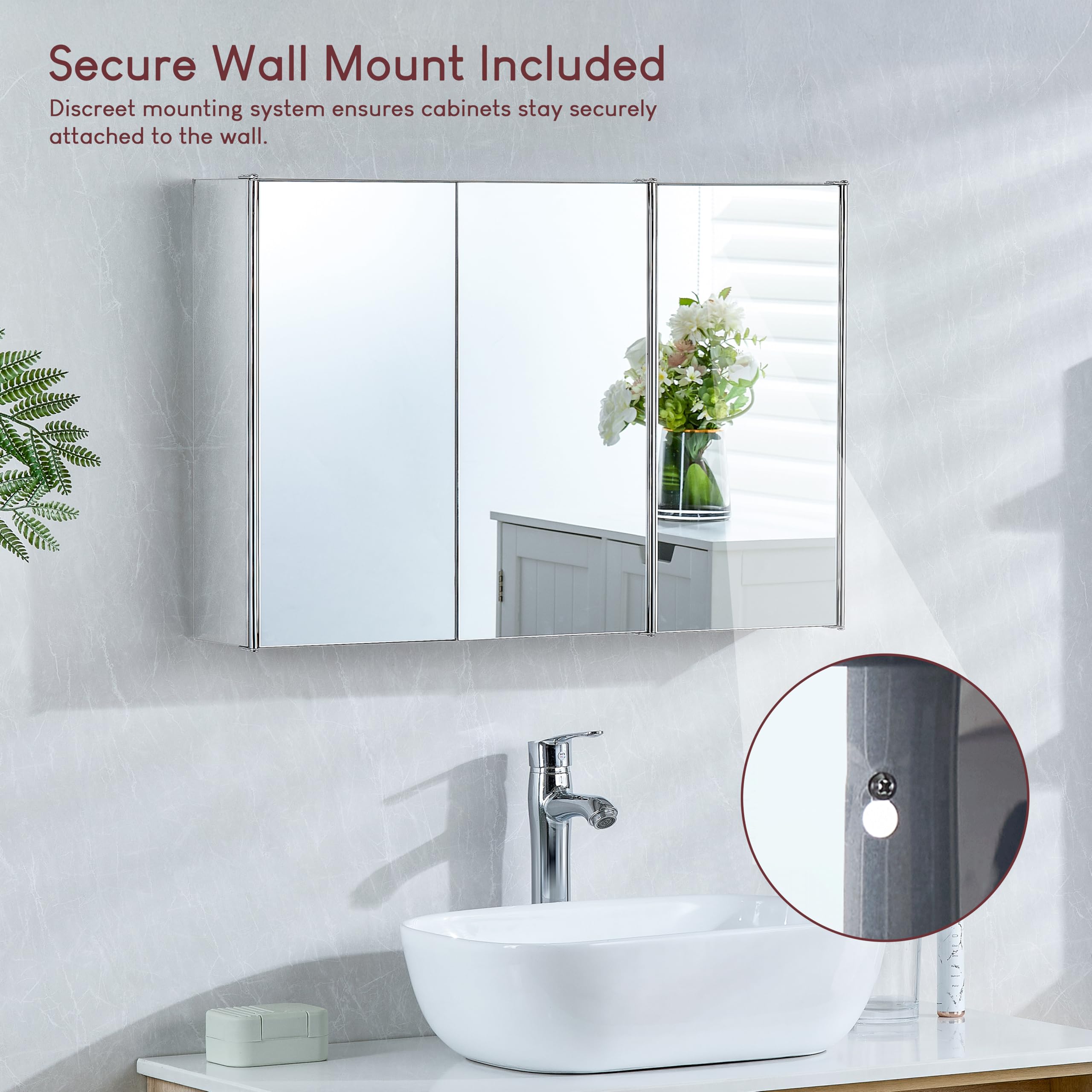 Bath Vida Tiano Triple-Mirror Wall-Mounted Cabinet | Stainless Steel | Silver Finish | Storage Cupboard 3