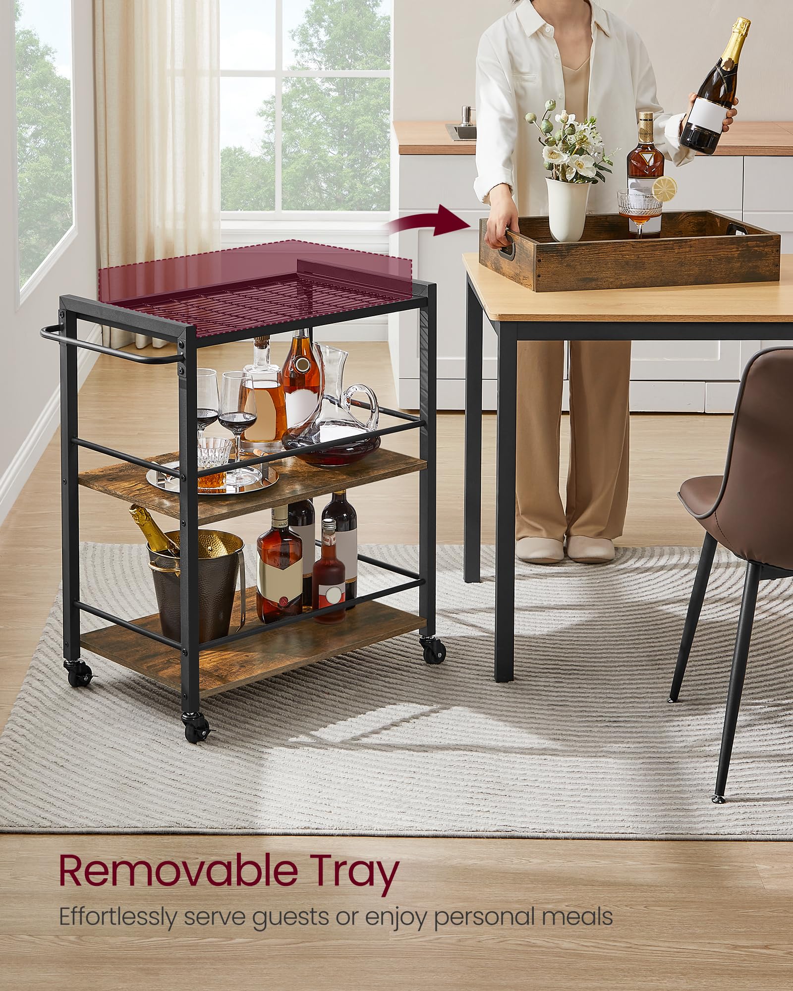 VASAGLE Kitchen Serving Cart with Removable Tray - 3-Tier Utility Cart | Rustic Brown & Black 3
