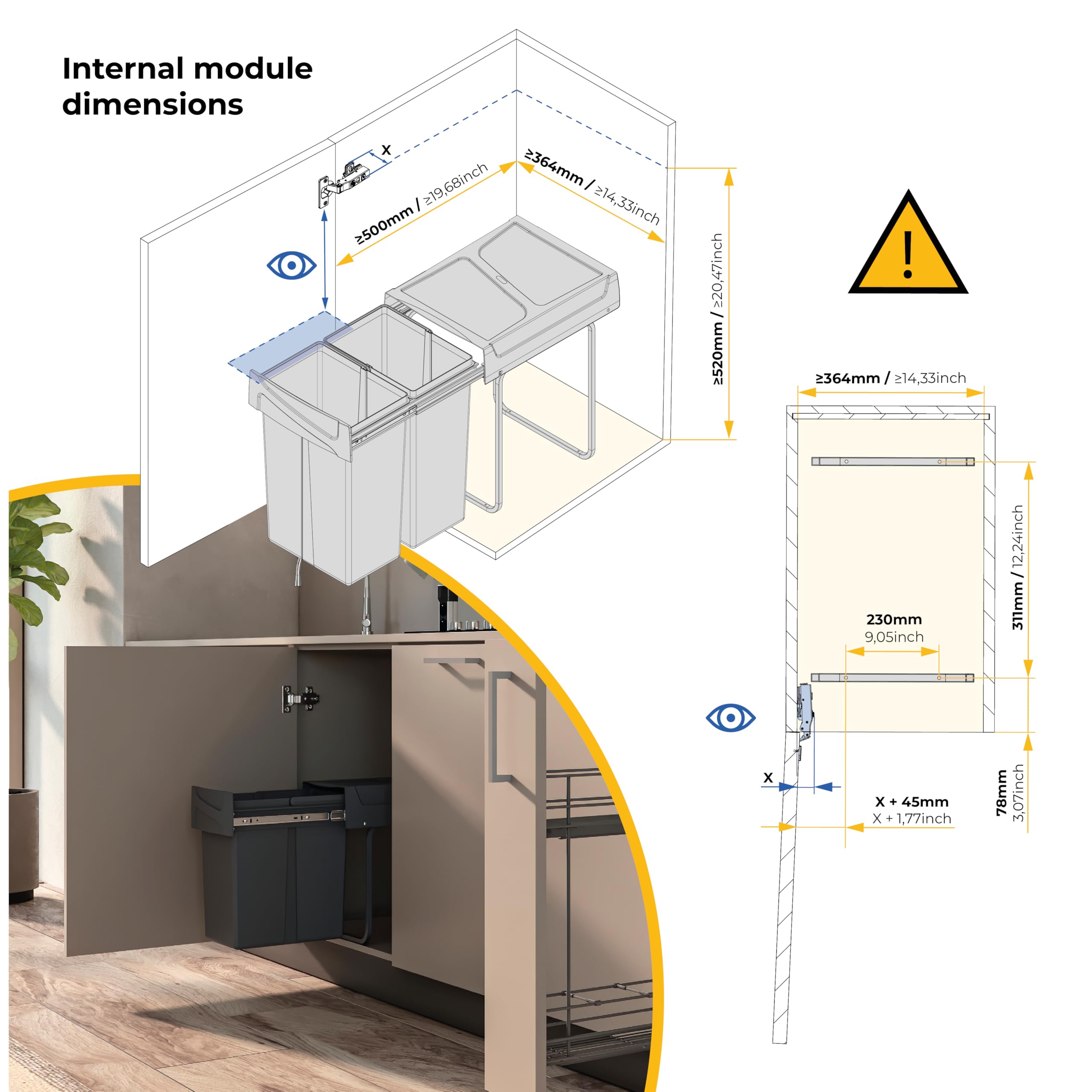 Emuca Kitchen Recycling Bin - Bottom Fixing, Manual Pull-Out | 2x25L Capacity | Anthracite Grey 6