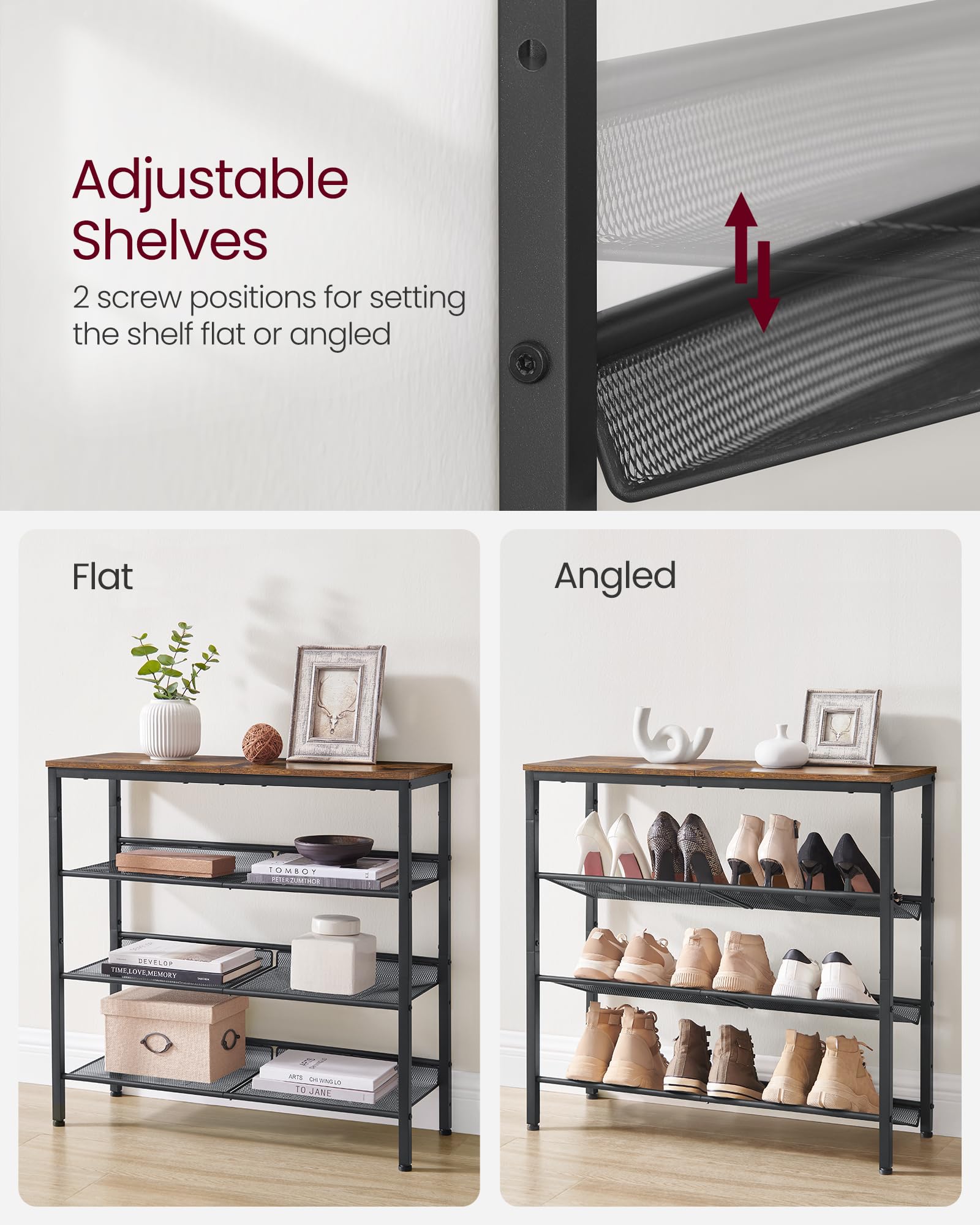 VASAGLE 4-Tier Shoe Rack - Rustic Industrial Design | Adjustable Shelves | 73cm Height 6