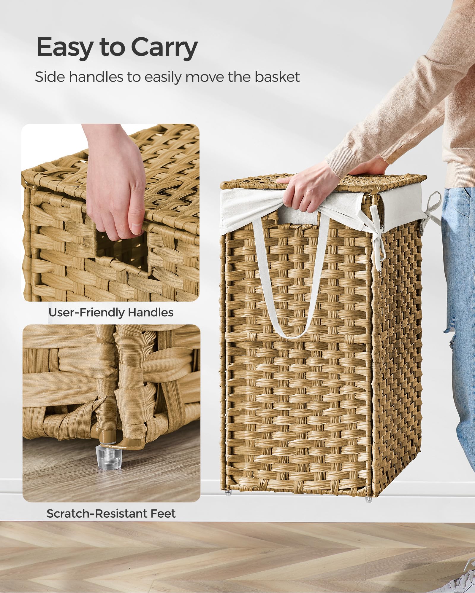SONGMICS 90L Synthetic Rattan Laundry Basket with Lid and Handles | Foldable | Natural Colour 4