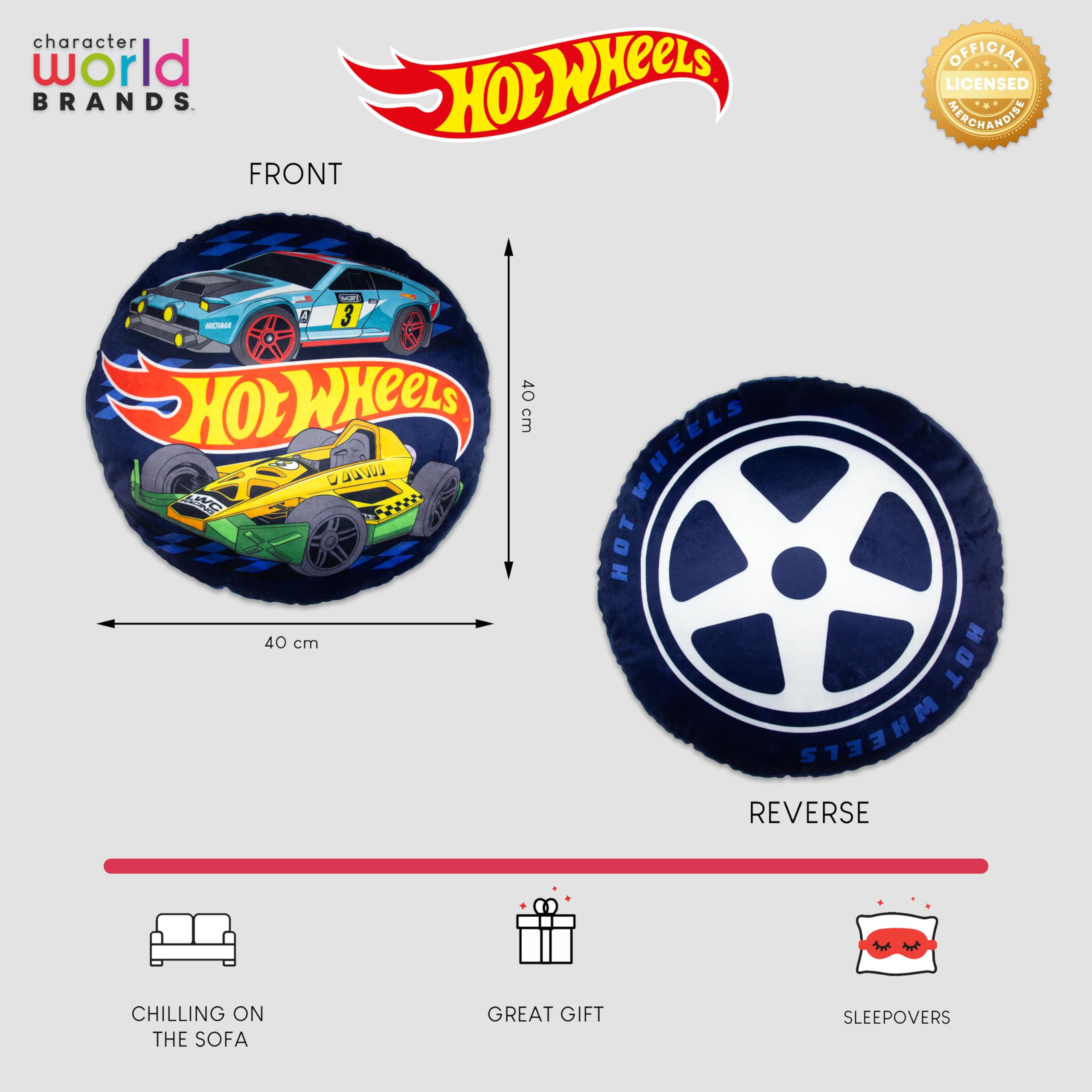 Character World Hot Wheels Officially Licensed Shaped Round Cushion | 40cm x 40cm | Reversible 4