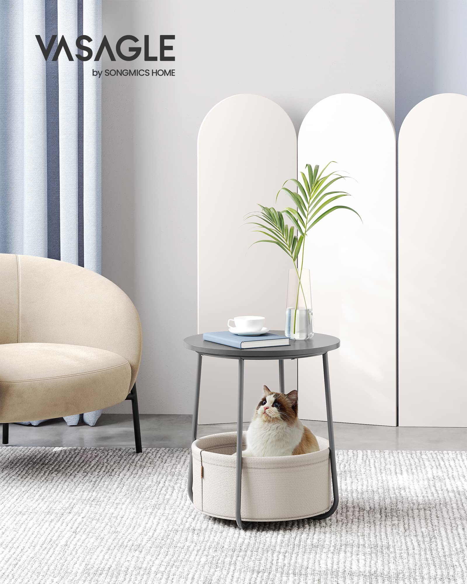 VASAGLE Round End Table with Fabric Basket - Cement Grey/Cloud White | 45 x 50 cm | Space Saving 2