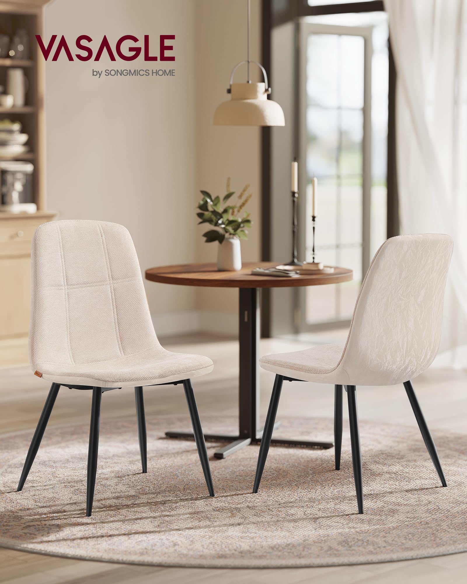 VASAGLE Dining Chairs Set of 2 - Cream White, Metal Frame, Chenille & Synthetic Leather Upholstery 3