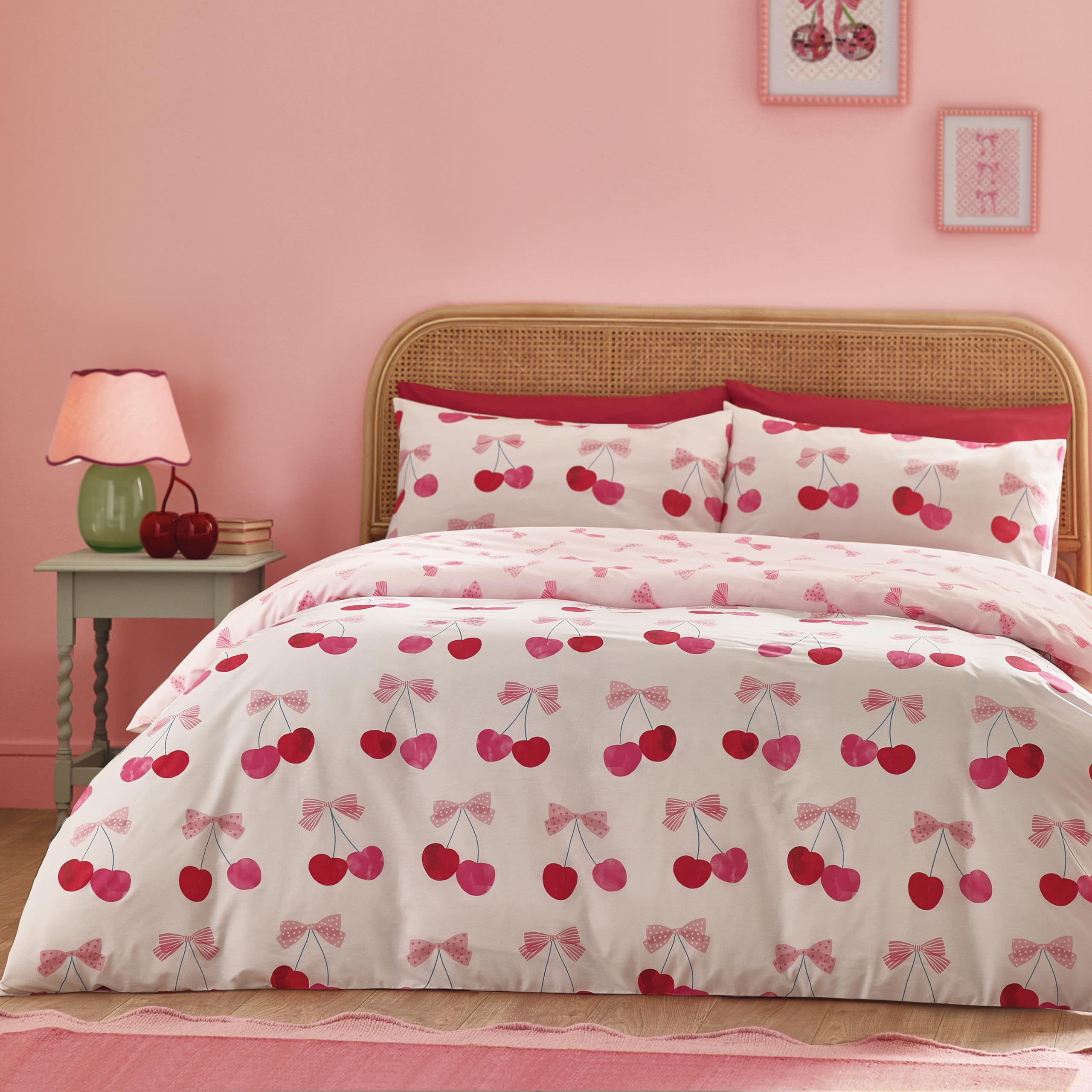 Catherine Lansfield Cherries and Bows Reversible Double Duvet Cover Set | Pink Polycotton 1