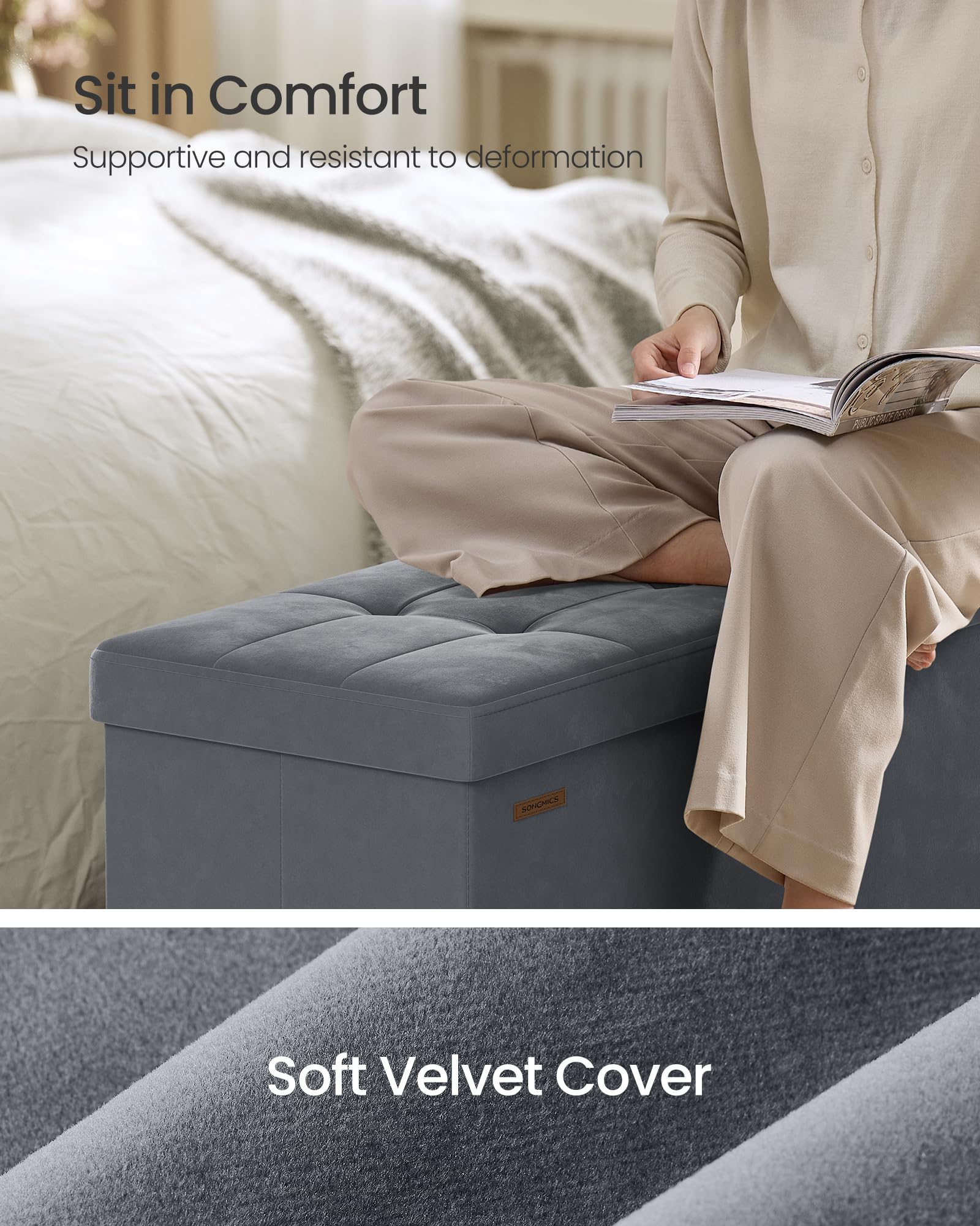 SONGMICS Storage Ottoman - 110cm Wide Bench | 112L Capacity | Slate Grey Velvet 4