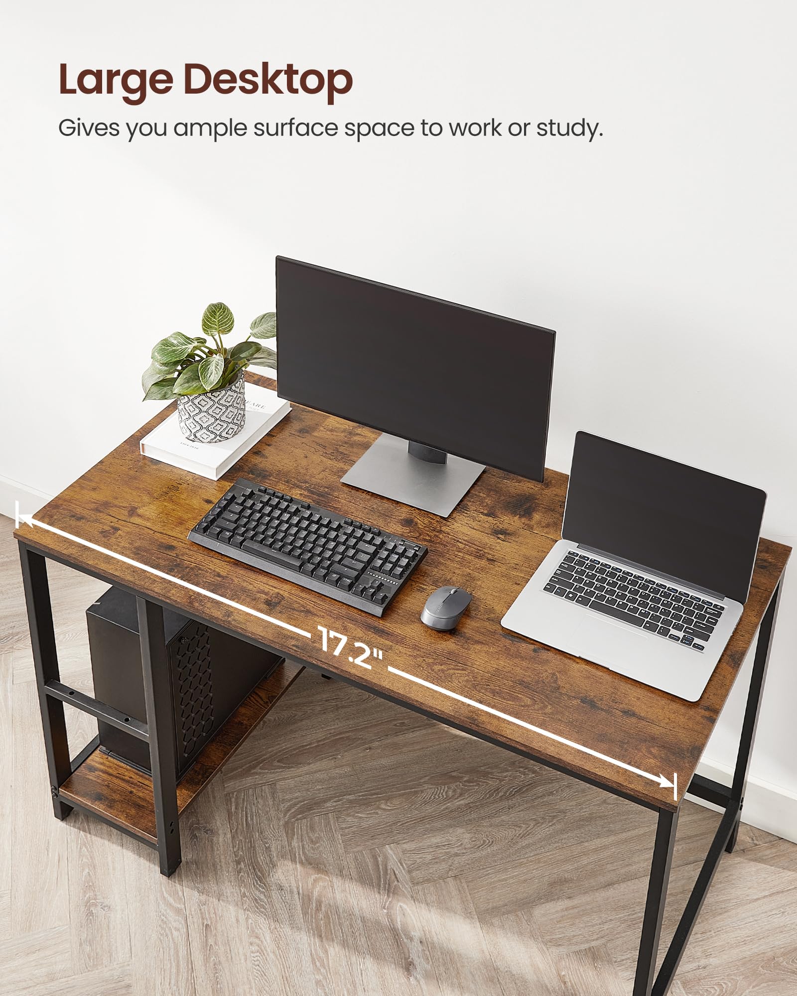 VASAGLE Computer Desk - Writing Desk with 2 Shelves | 120 x 60 cm Desktop | Rustic Brown + Black 5