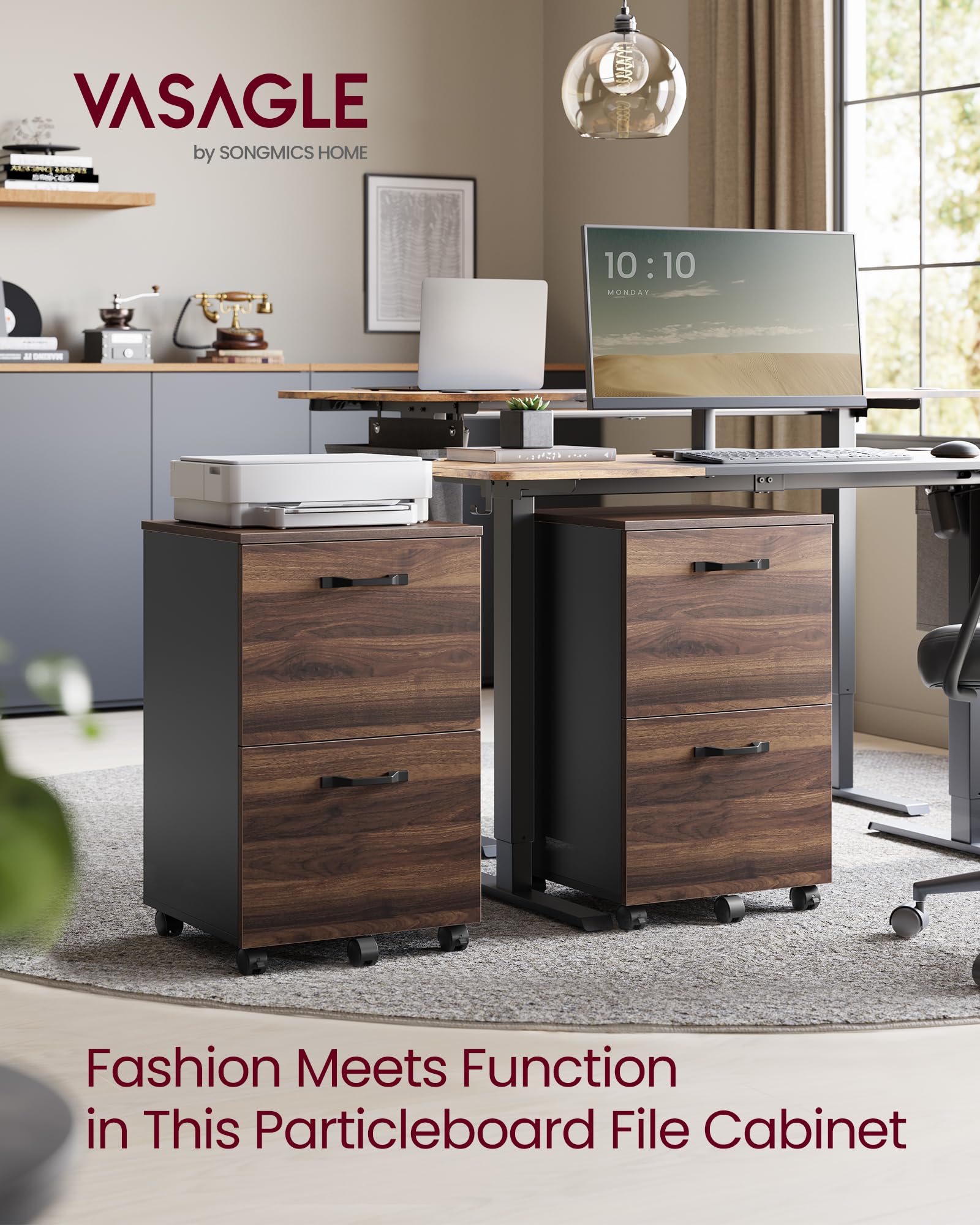 VASAGLE 2-Drawer Mobile Filing Cabinet - A4/Letter Size Support | Natural Walnut & Ink Black | 35kg Capacity 3