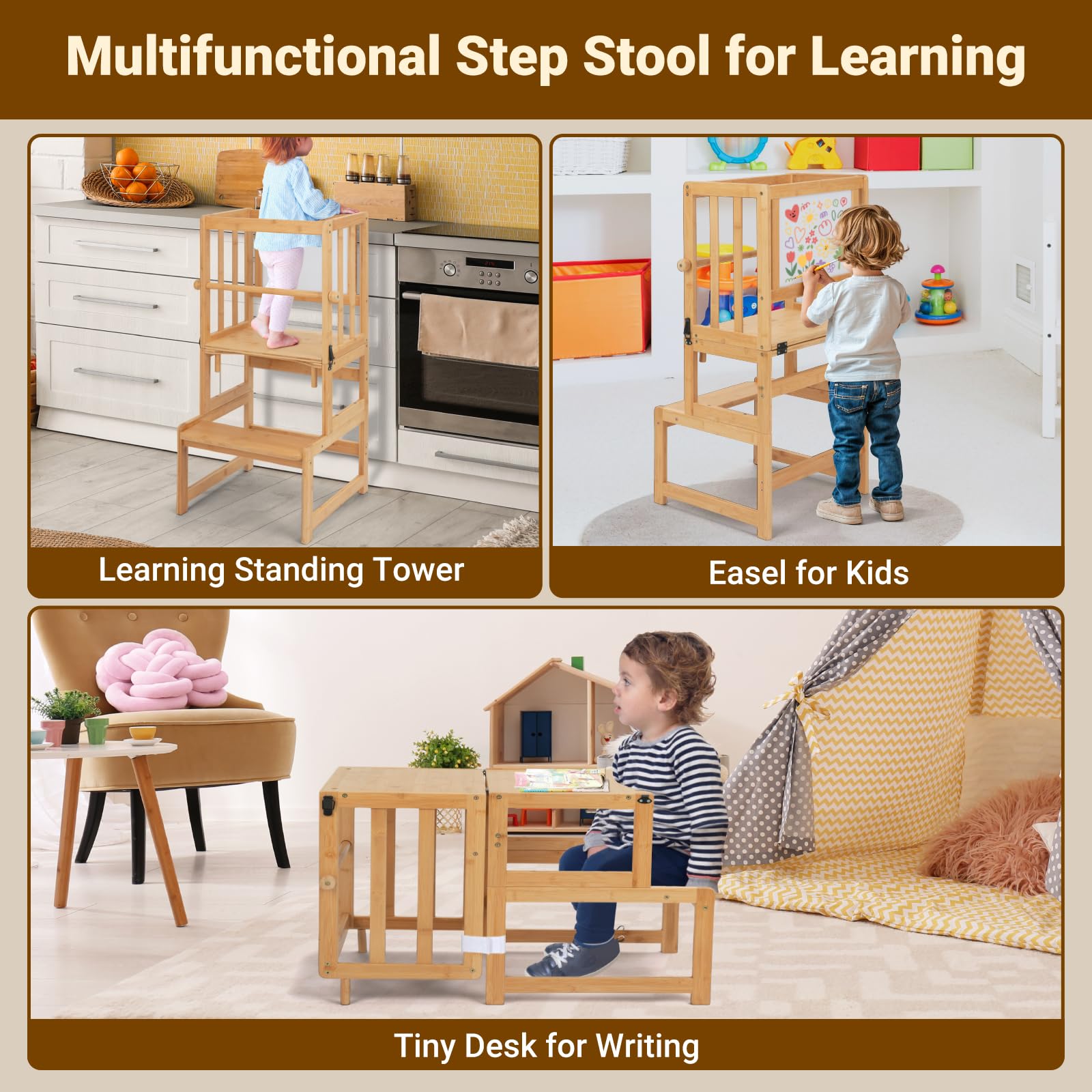 COSYLAND 3-in-1 Toddler Kitchen Stool Helper - Convertible Standing Tower | Bamboo | Supports 150 lbs
