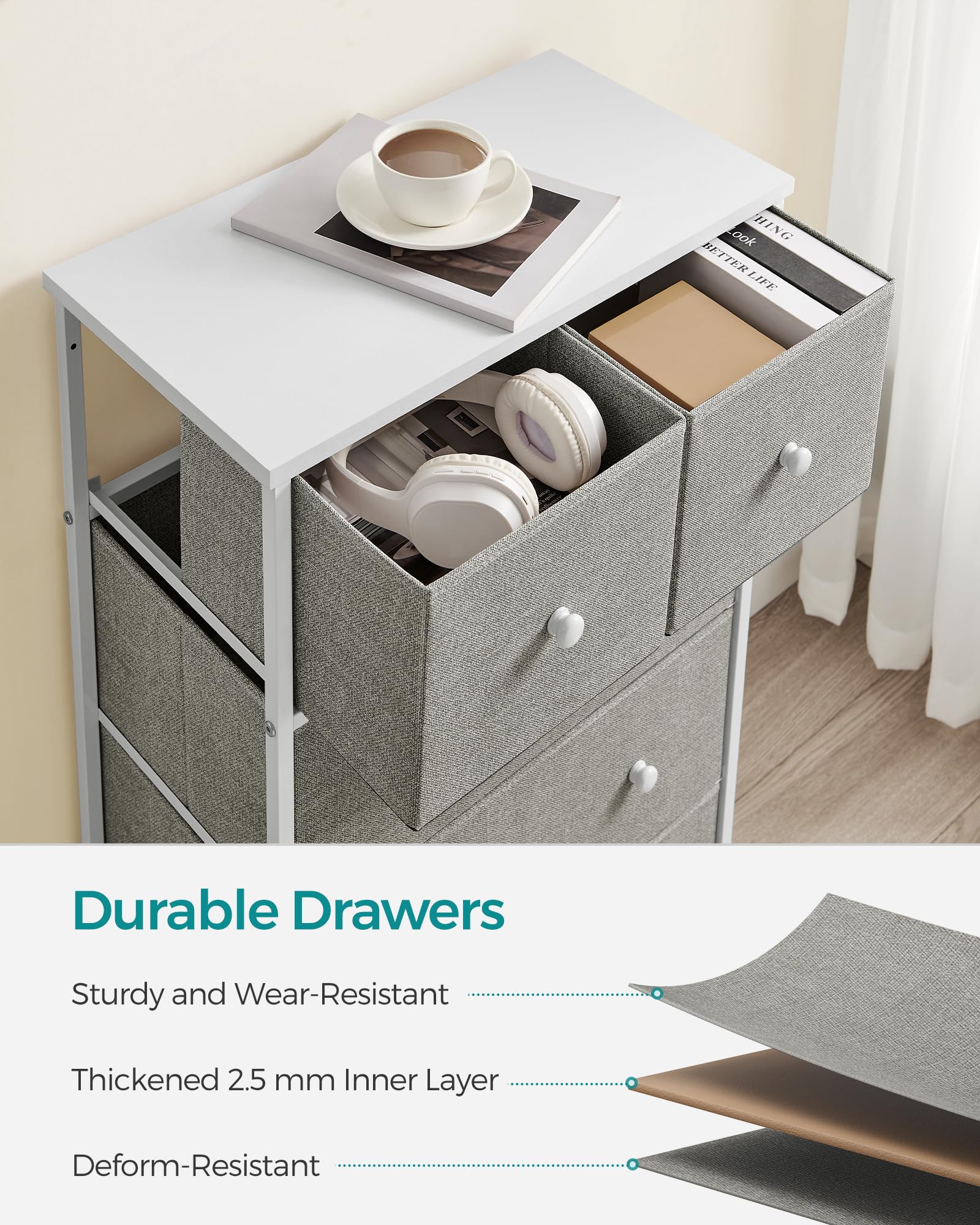 SONGMICS 5-Drawer Fabric Storage Organiser Unit - Light Grey/White | 30x56x93 cm 6