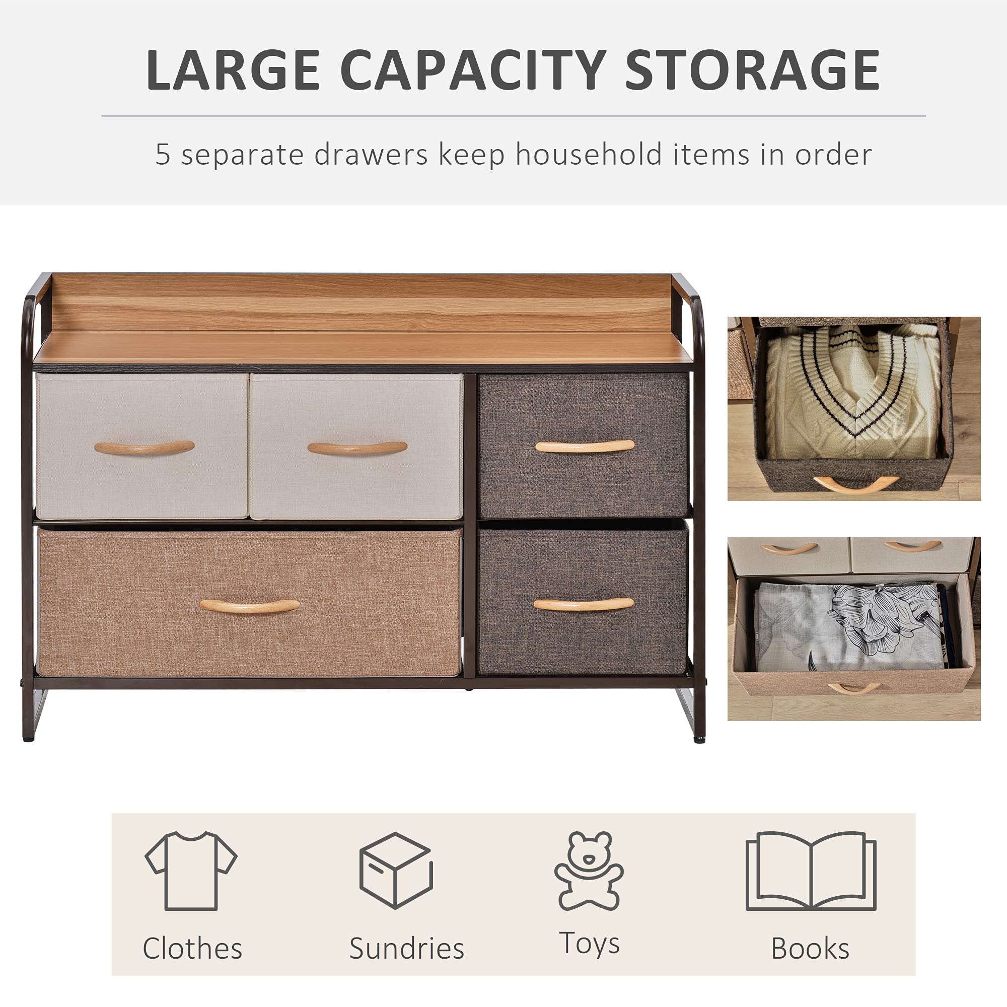 HOMCOM 5-Drawer Fabric Chest of Drawers - Metal Frame | 58H x 87.5W cm | Max Load 38kg 5