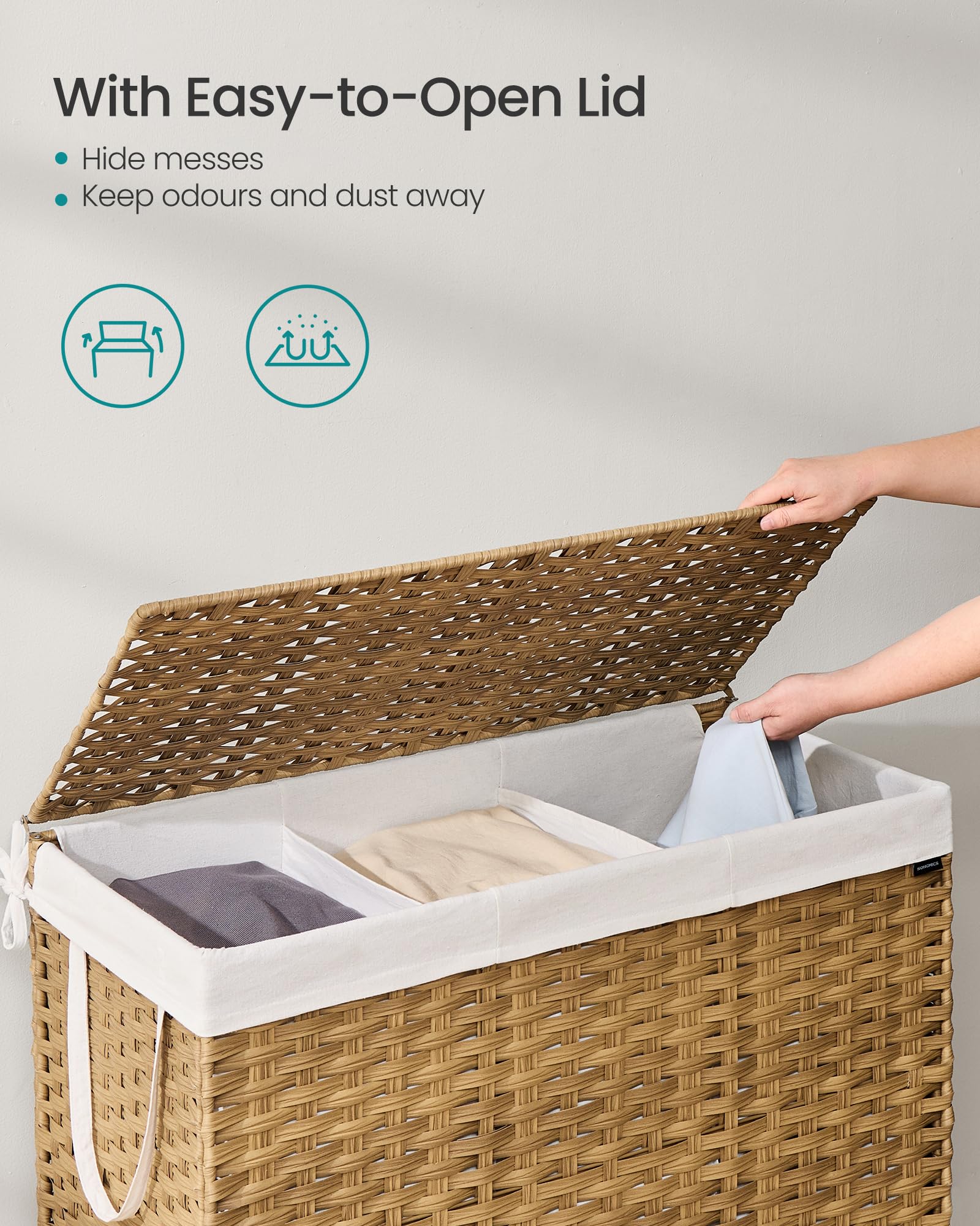 SONGMICS 200L Synthetic Rattan Laundry Basket with Lid, Handles, and Removable Liner | Natural Colour 3