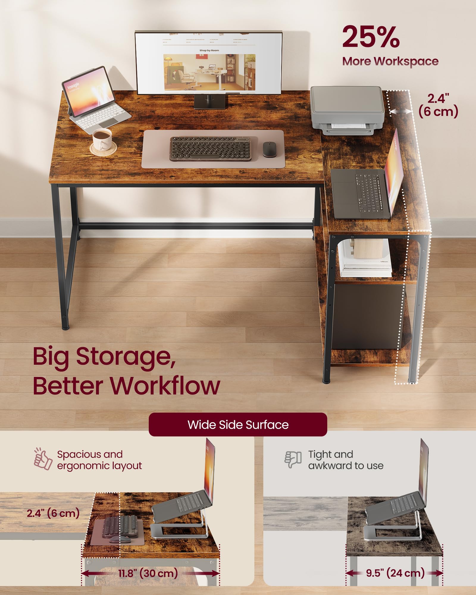 VASAGLE L-Shaped Computer Desk with Reversible Storage | 120 x 80 cm | Rustic Brown 4