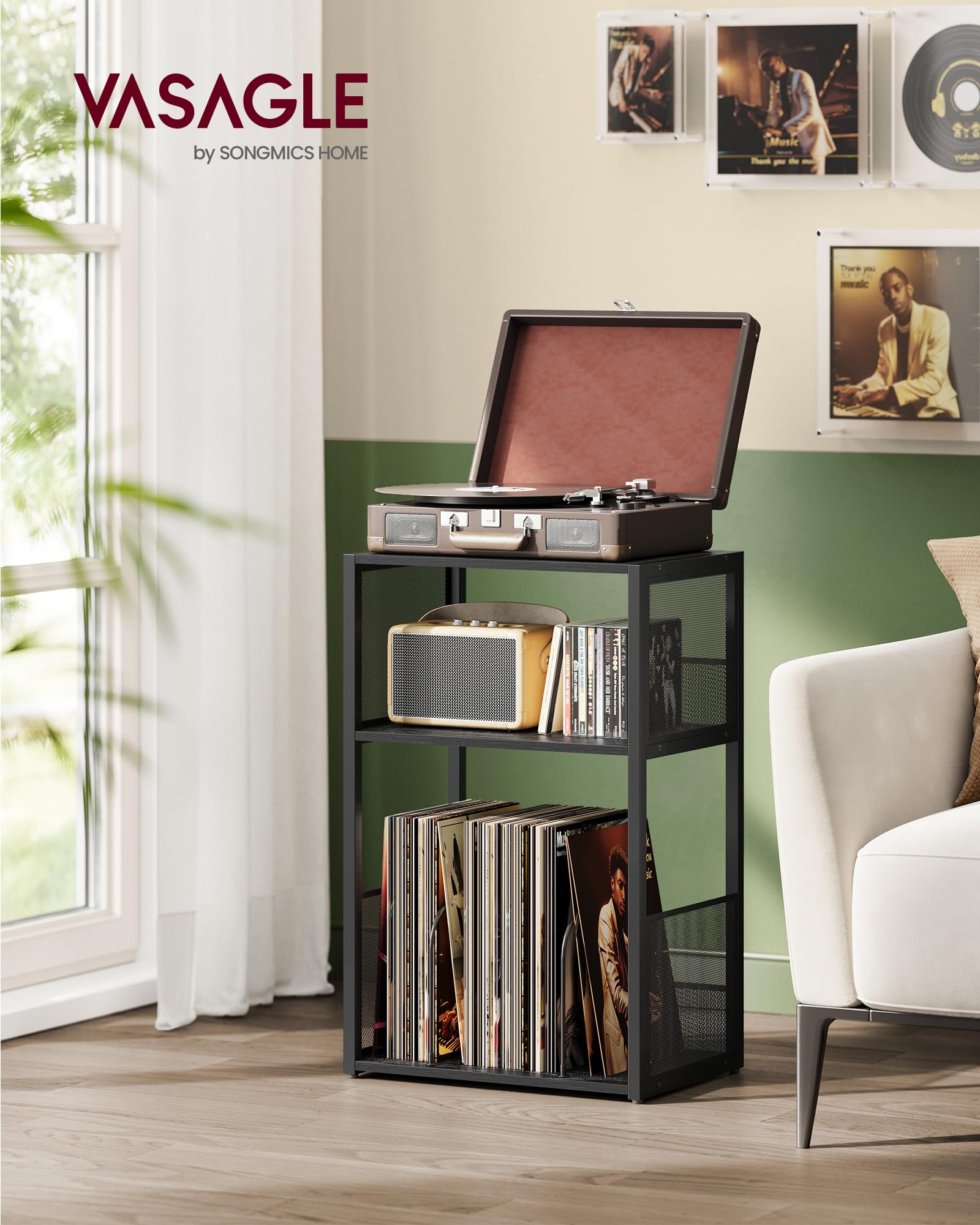 VASAGLE Record Player Stand & End Table - 3-Tier Storage for 100 Albums | Ebony Black 2