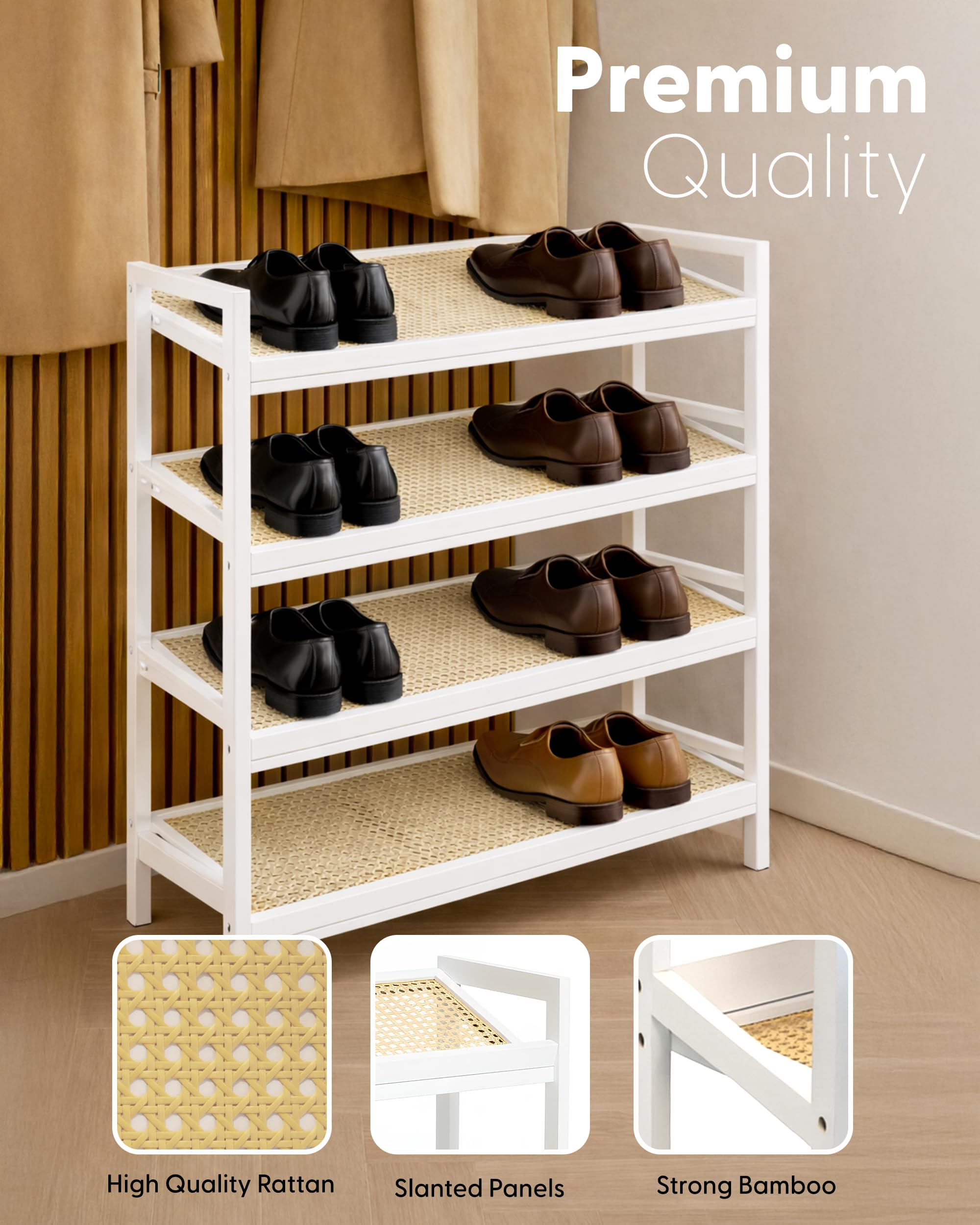 KEPLIN 4 Tier Bamboo and Rattan Shoe Rack | Compact Design | Holds 12 Pairs | Natural/White 4