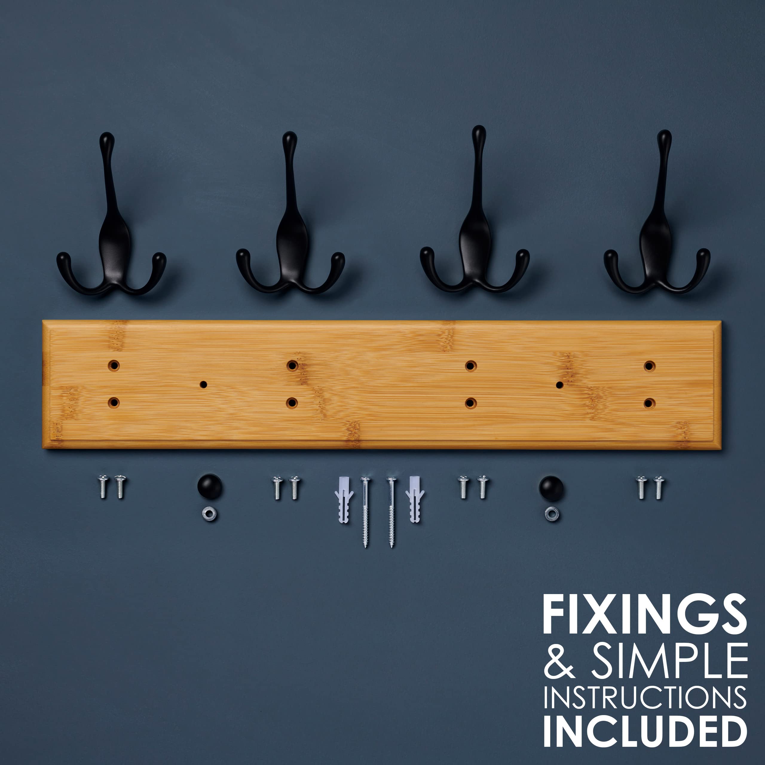 LARHN Wooden Wall Coat Rack - 4 Triple Black Hooks | Heavy Duty Wood & Metal | Max Load 20kg 5