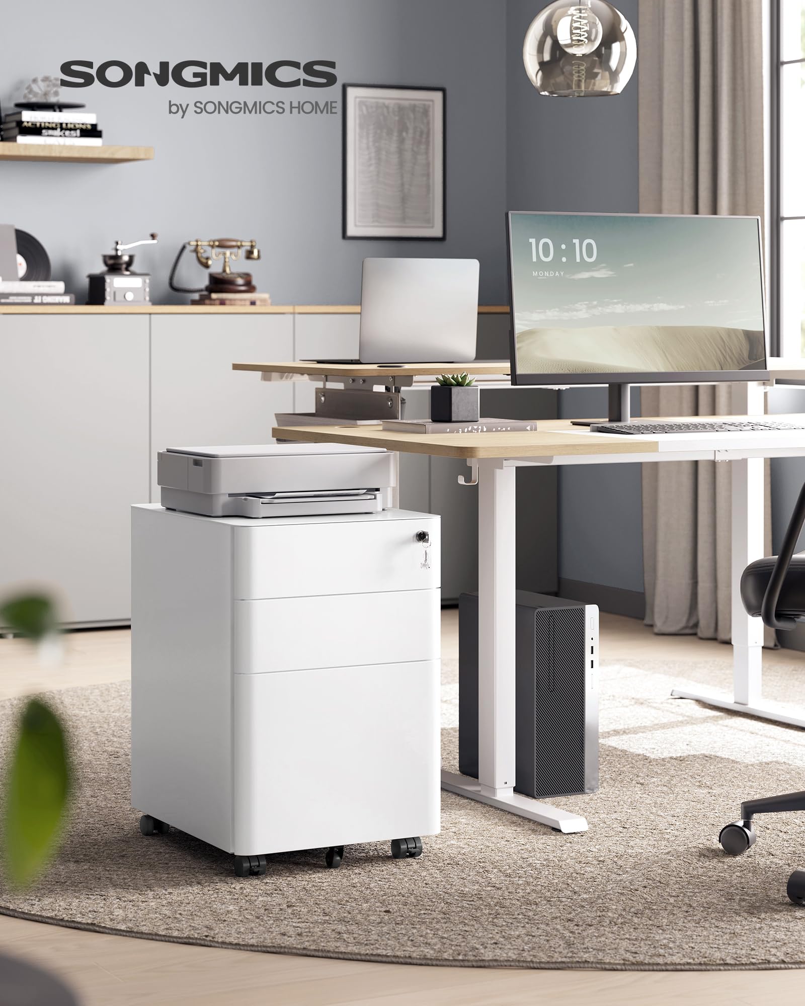 SONGMICS Mobile File Cabinet - 3 Drawers, Lockable, Steel Construction | 50x39x59 cm | White Muted