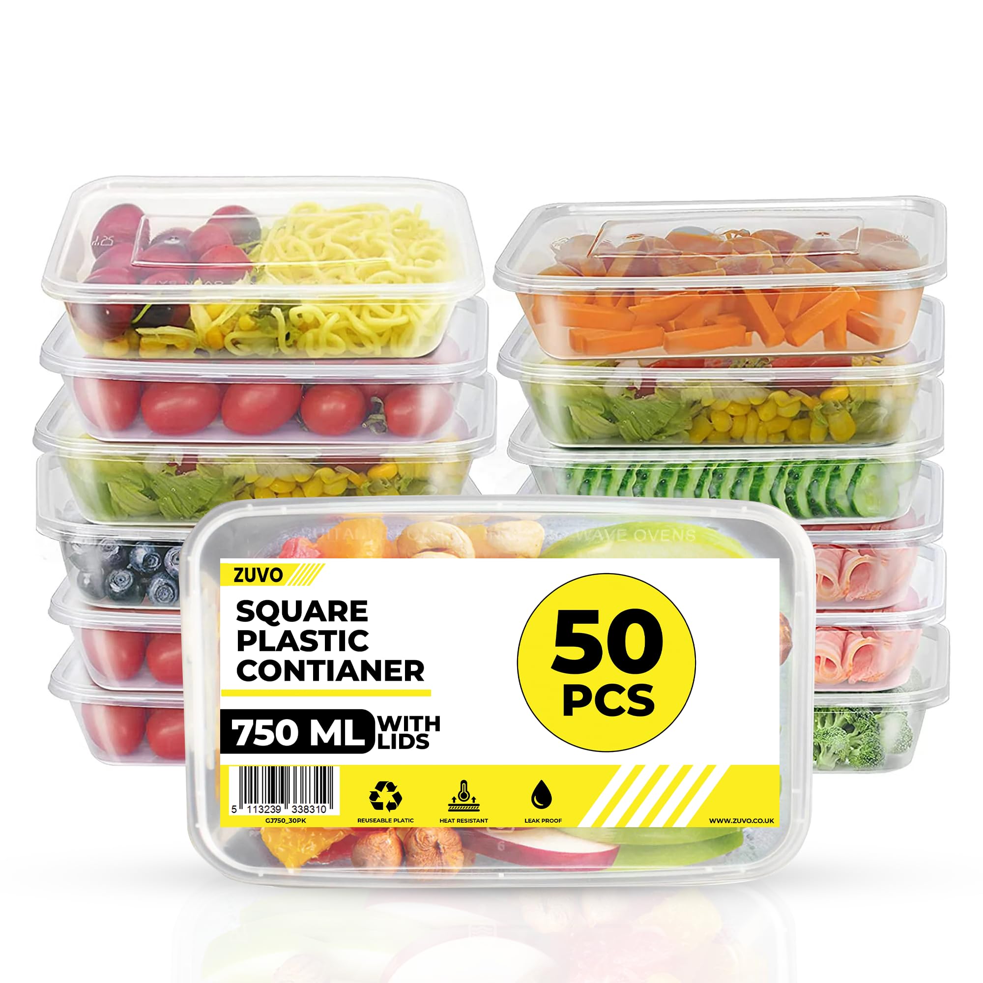 Zuvo Rectangular Plastic Food Containers - 750ml, Pack of 50 | Microwave, Freezer, Dishwasher Safe