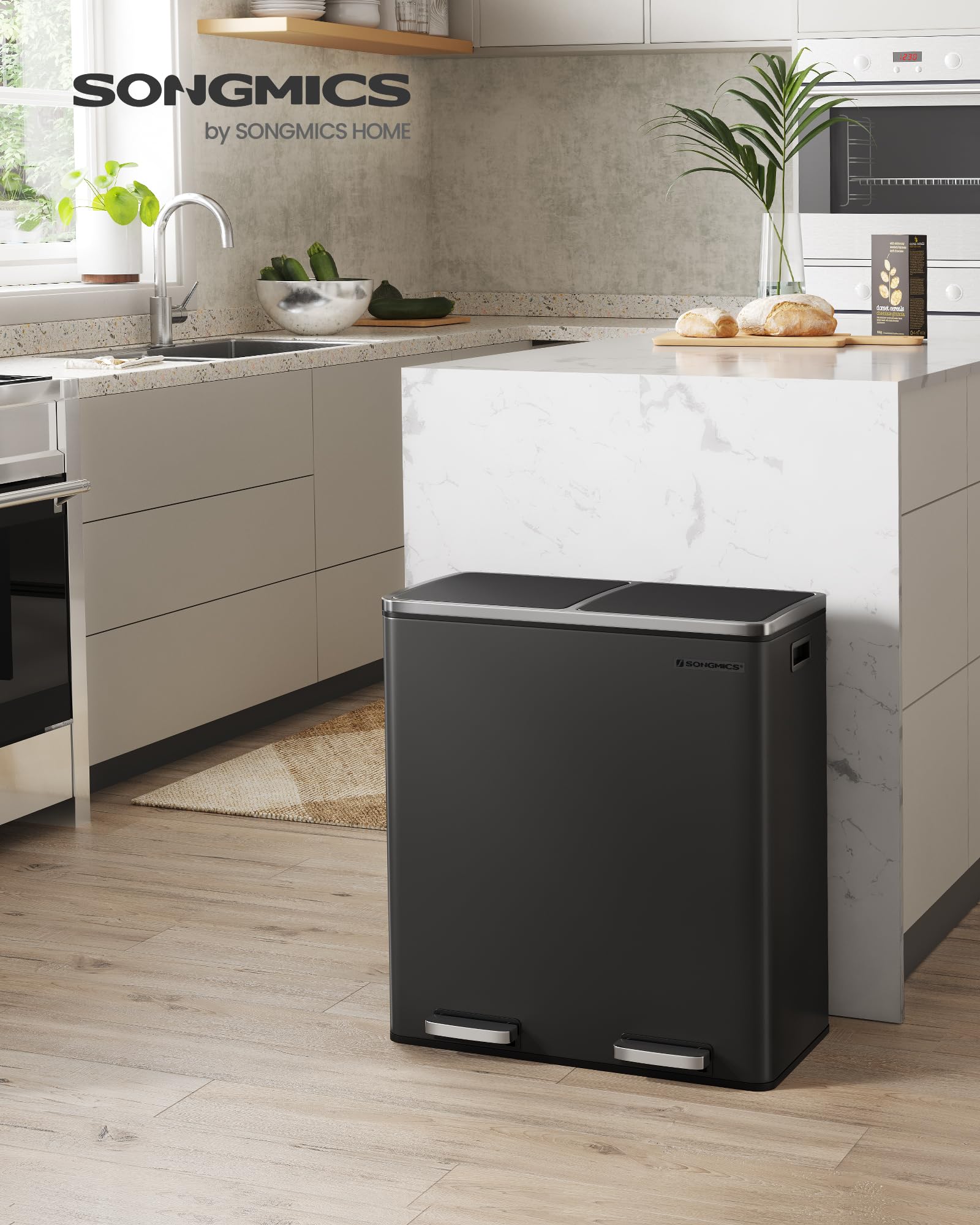 SONGMICS Dual Rubbish Bin - 2 Compartment Recycling Bin with Pedals | 2 x 30 L | Black LTB60BK 2