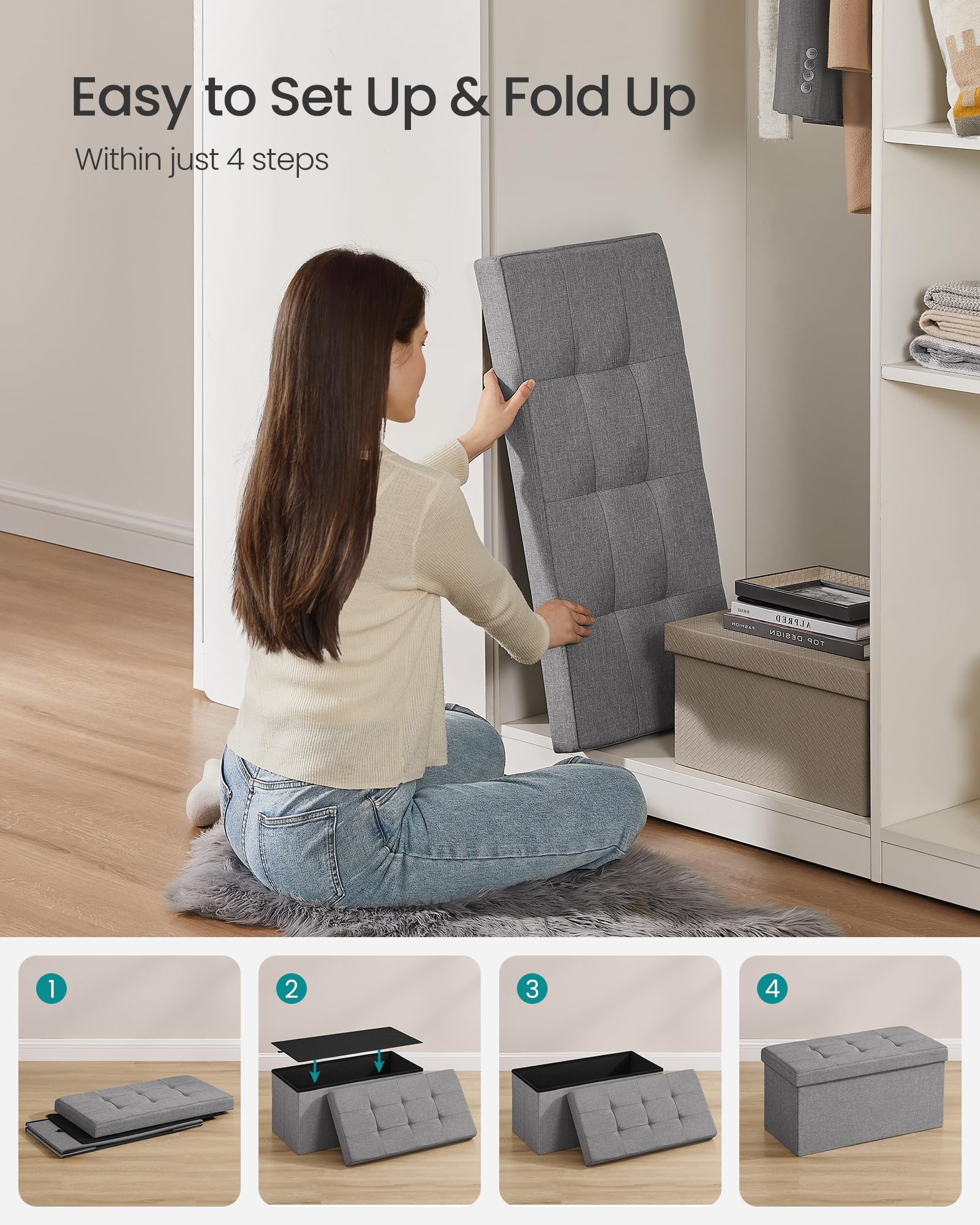 SONGMICS MAZIE Storage Ottoman Bench - 76 cm Folding Foot Rest | 300 kg Capacity | Light Grey 7