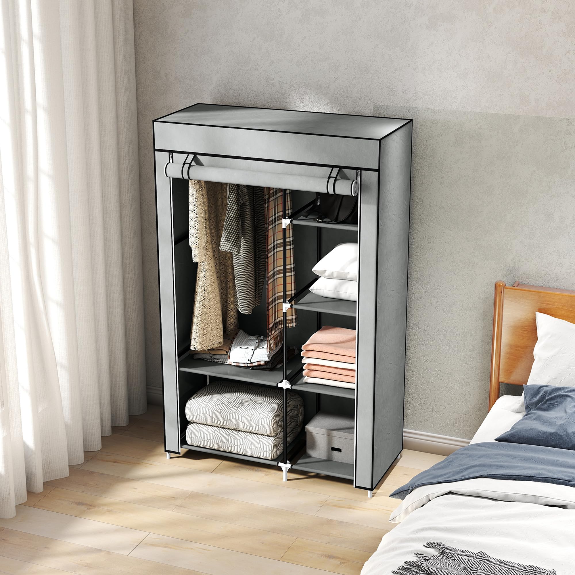 HOMCOM Portable Foldable Closet with 6 Shelves and Hanging Rail | Light Grey | 103W x 43D x 162.5H cm 9