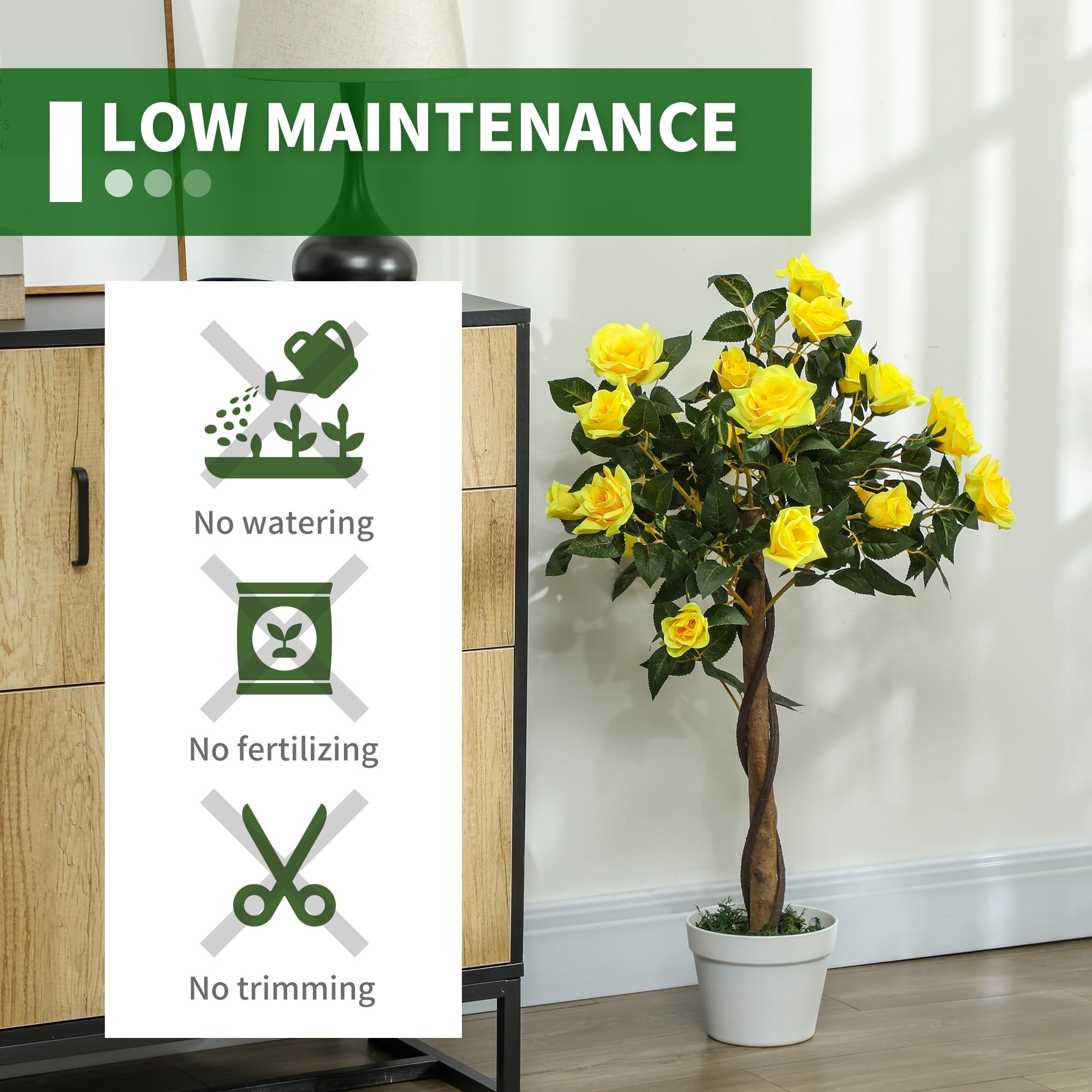 Outsunny Set of 2 Artificial Rose Trees - 90cm Yellow Faux Plant with Pot | UV-Resistant 5
