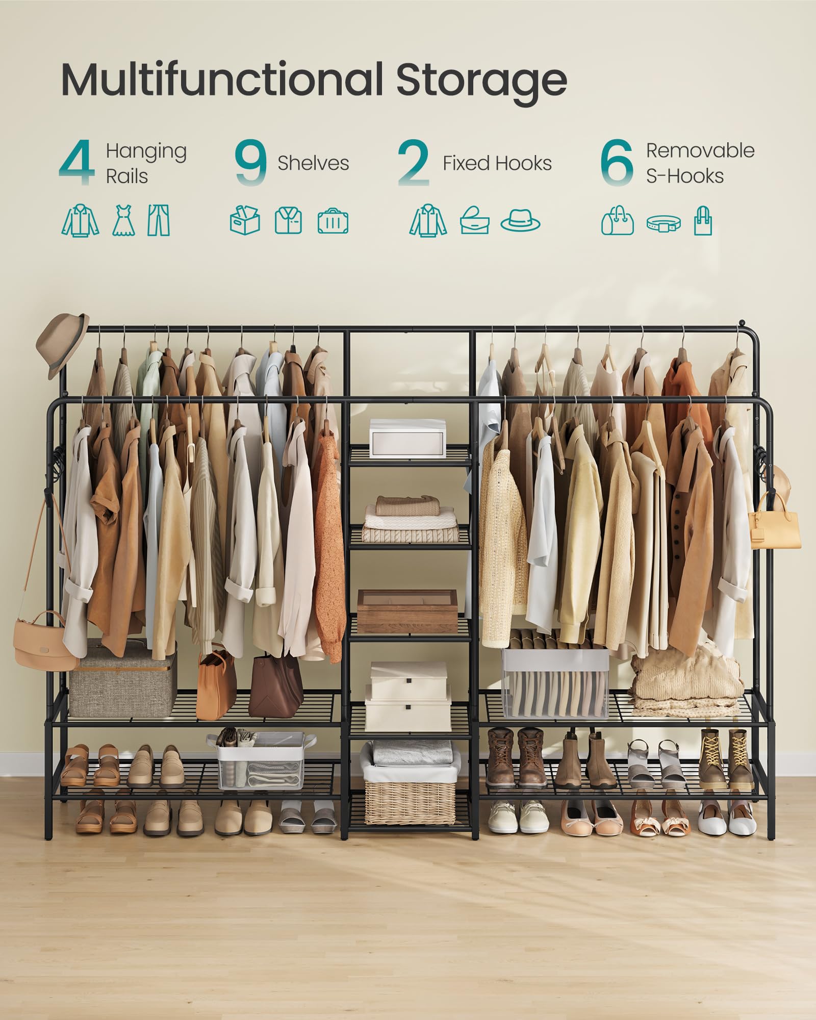 SONGMICS Open Wardrobe Clothes Rack - 4 Rails, 9 Shelves | Alloy Steel | Black 3