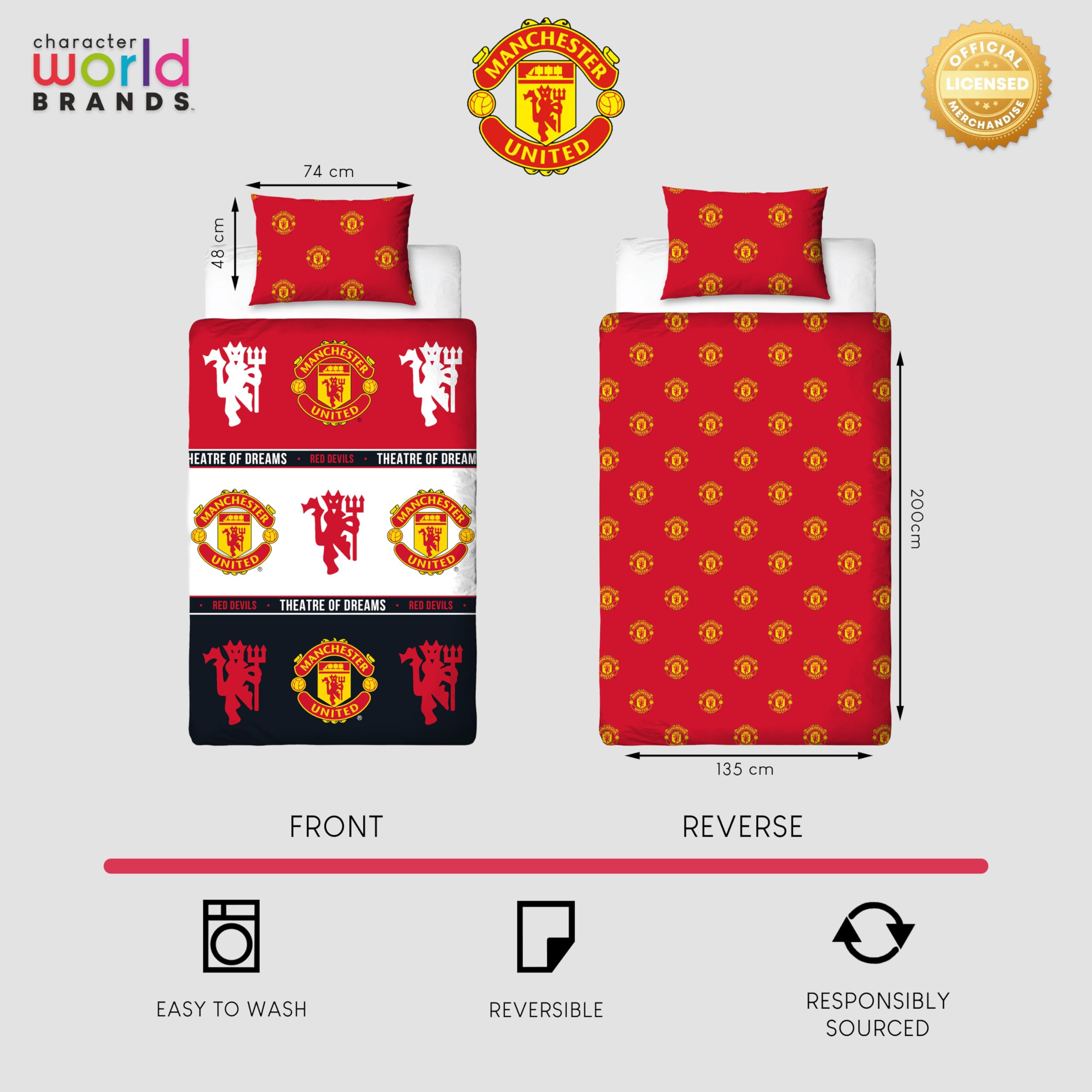 Manchester United FC Official Single Duvet Cover Set - Reversible Patch Design | Polycotton 4