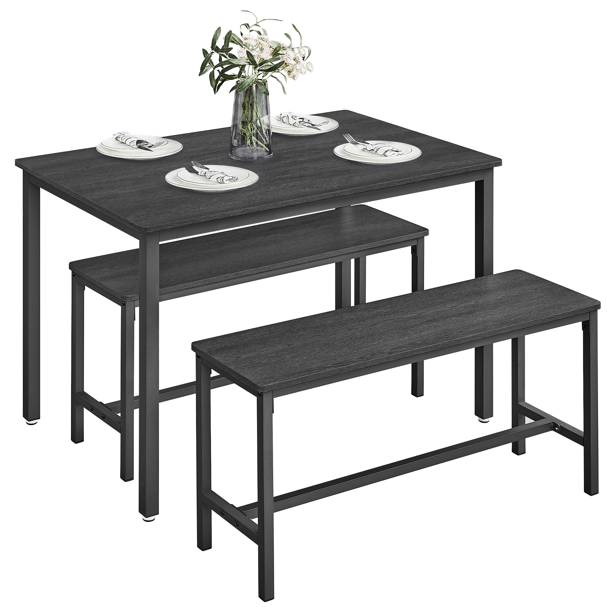 VASAGLE 3-Piece Dining Room Set with 2 Benches | Table 110x70cm | Steel Frame | Ash Black/Ink Black