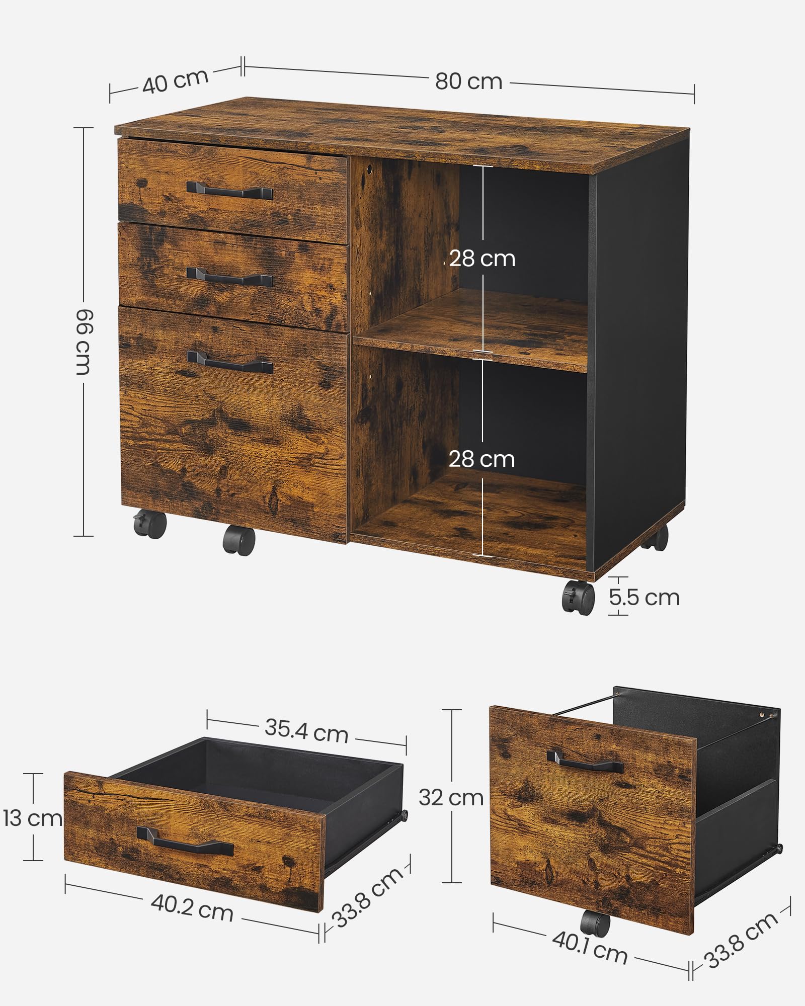 VASAGLE 3 Drawer Mobile File Cabinet | Lateral Open Compartments | Rustic Brown+black 3