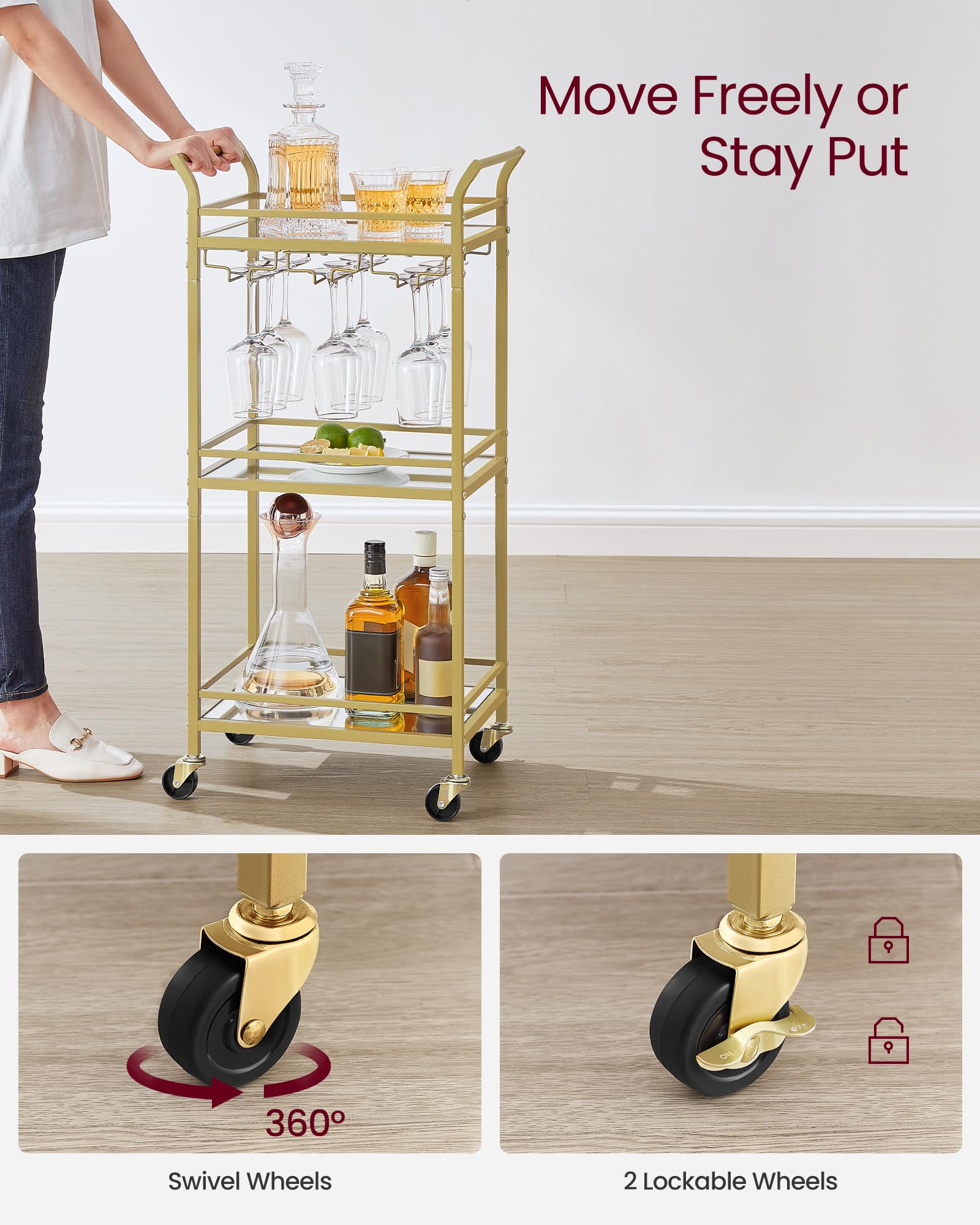 VASAGLE 3-Tier Drinks Trolley - Gold Bar Cart with Mirrored Glass Shelves | 30x46.8x92 cm 8