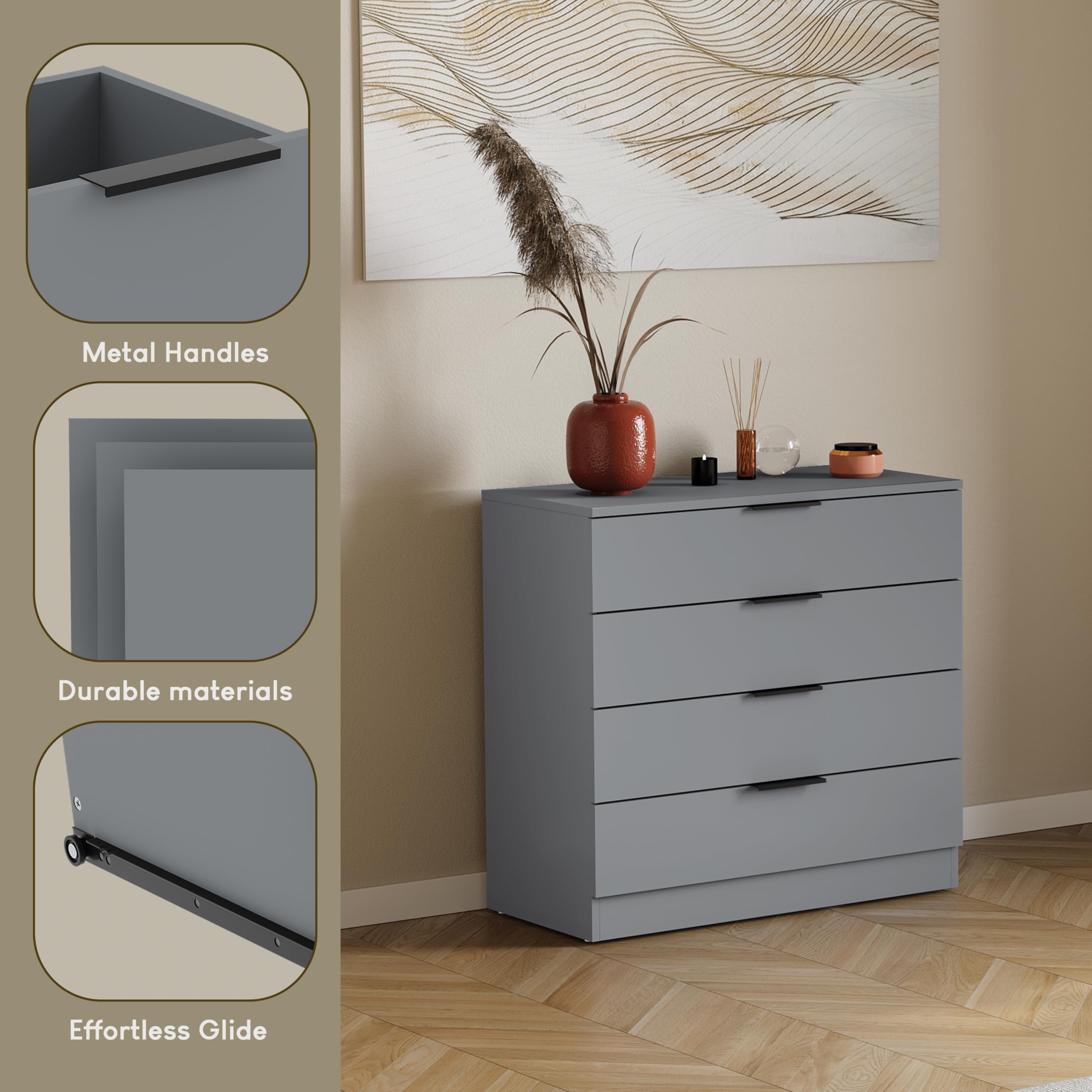 Vida Designs Trega 4 Drawer Chest of Drawers - Compact Grey Storage | 74H x 66W x 36D cm 5