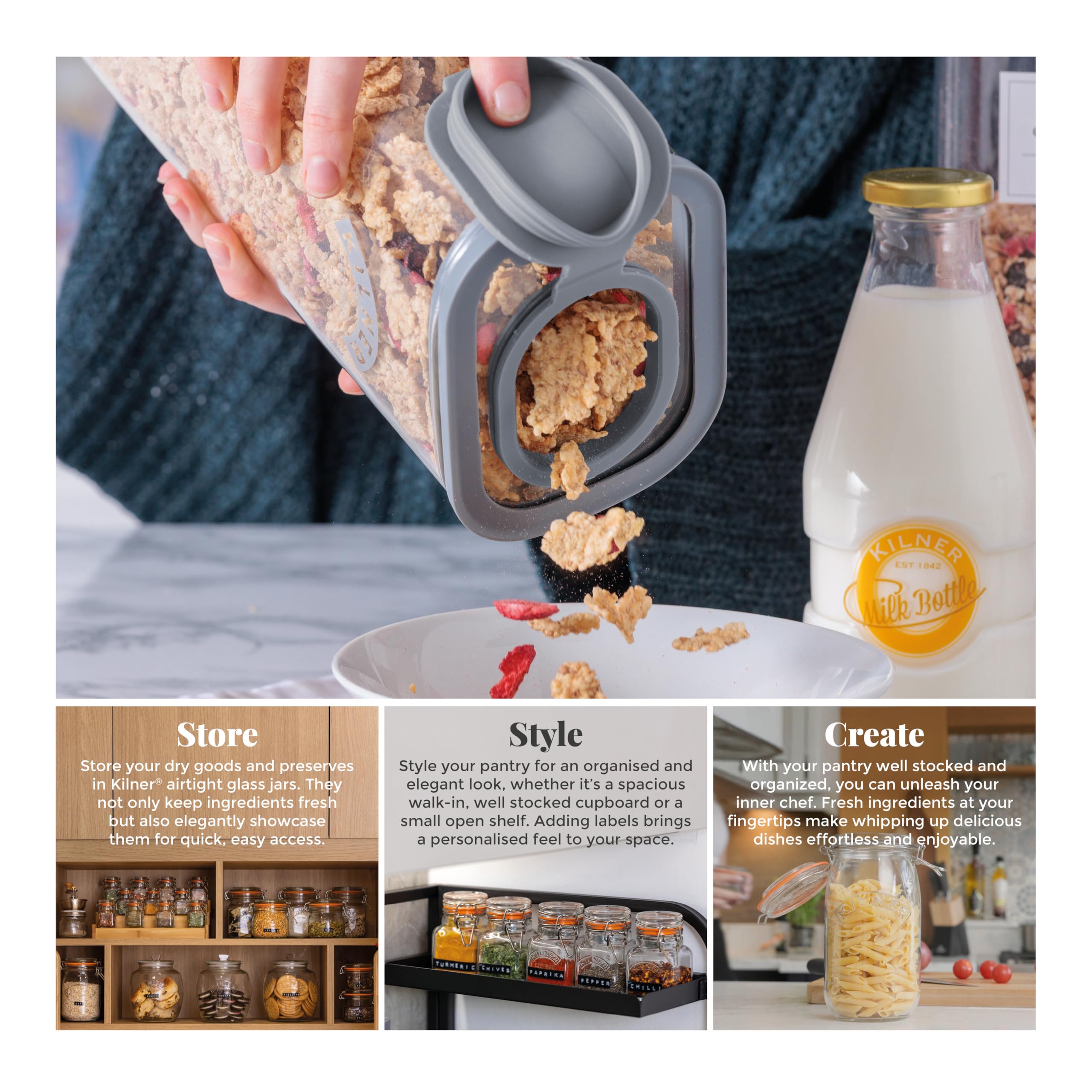 Kilner 3 Litre Glass Cereal Dispenser - Airtight Seal & Pouring Spout | Durable Borosilicate Glass 8