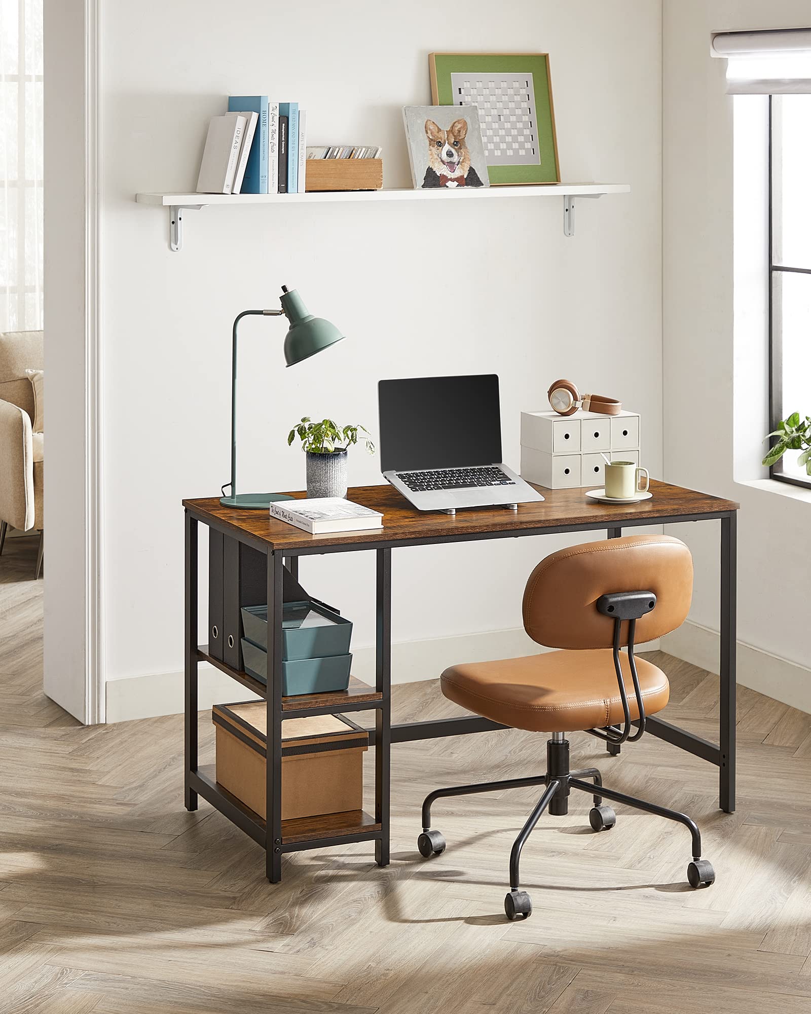 VASAGLE Computer Desk - Writing Desk with 2 Shelves | 120 x 60 cm Desktop | Rustic Brown + Black