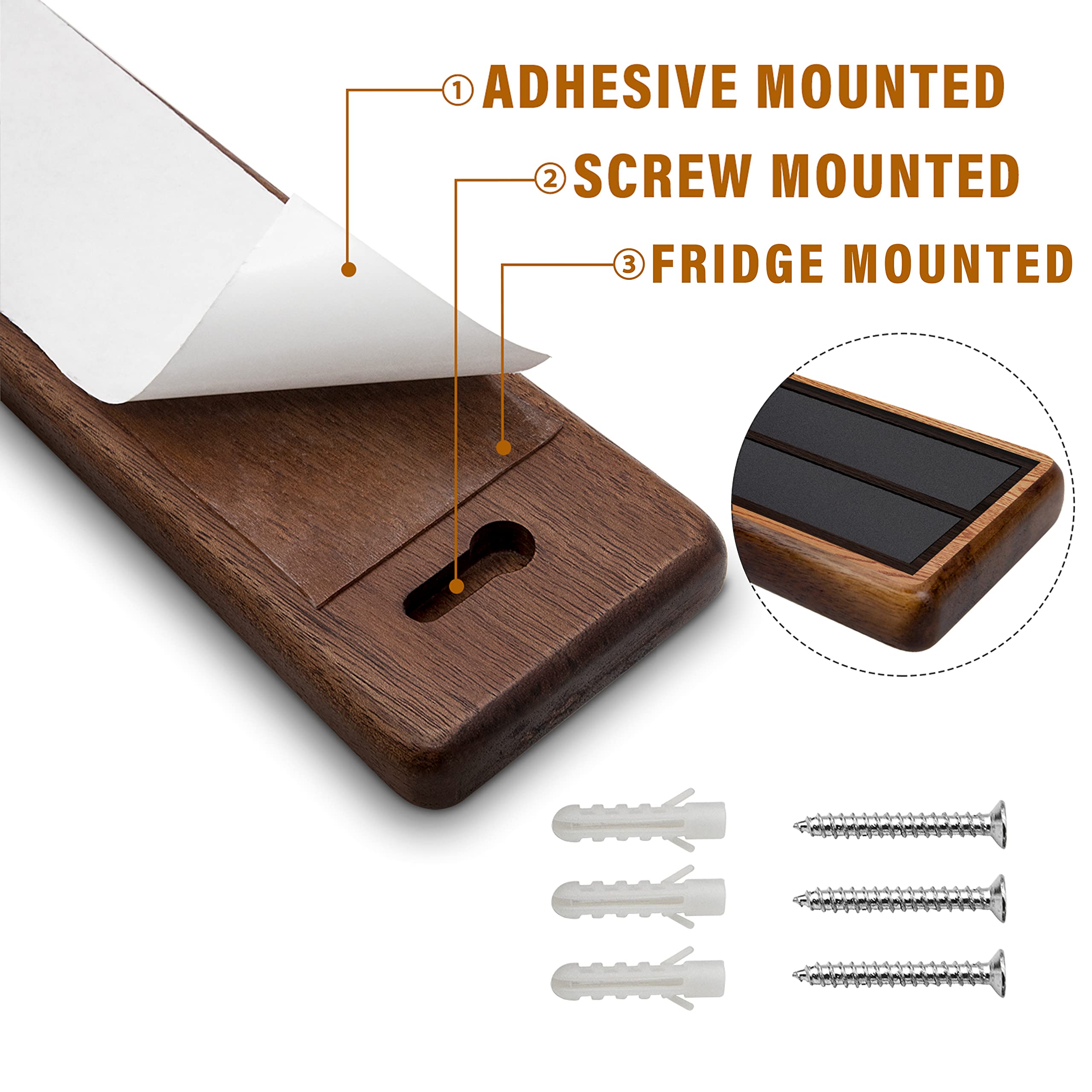 HOSHANHO Acacia Wood Magnetic Knife Strip Holder - 40 cm Length | Wall Mounted | Dual Installation 3