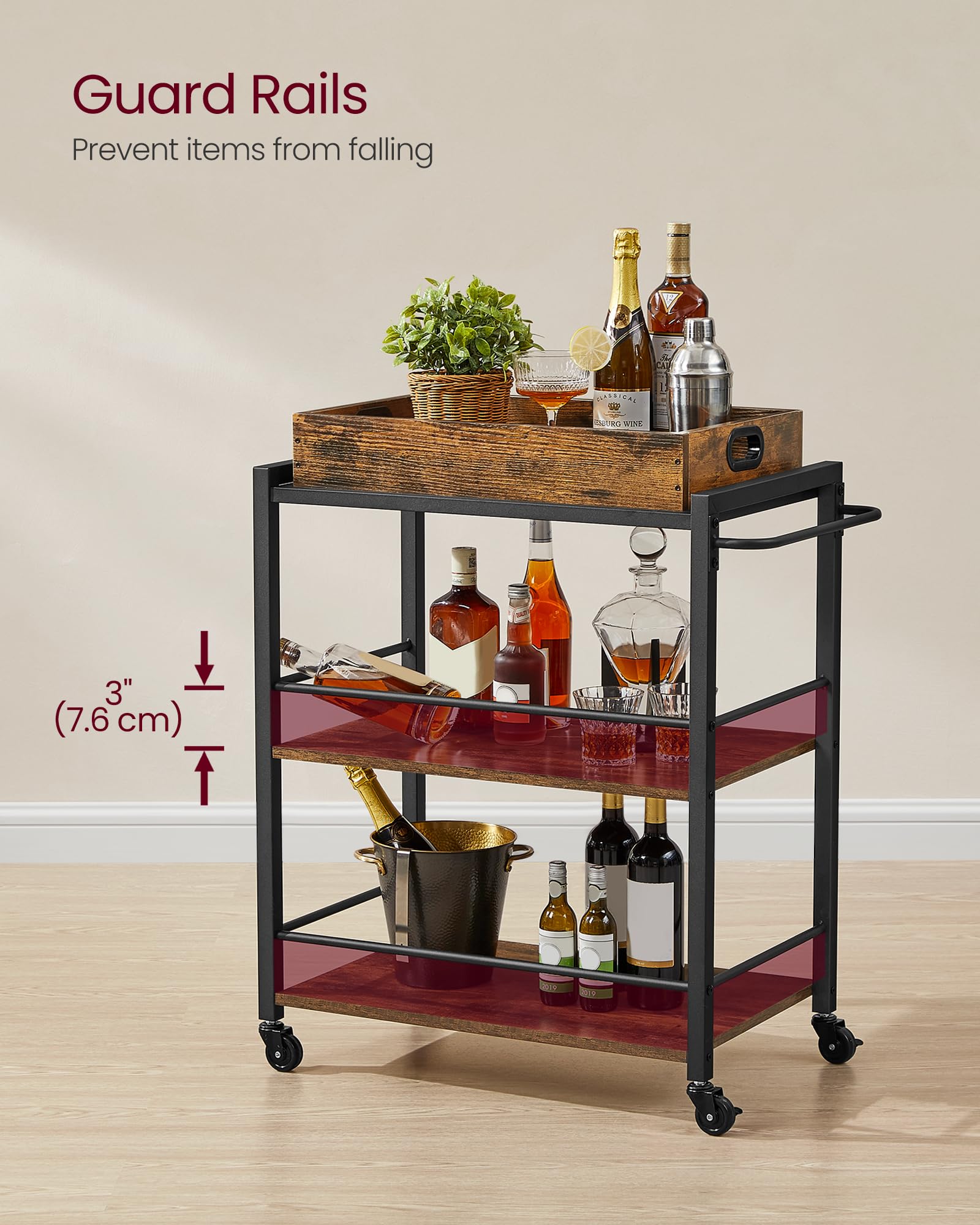 VASAGLE Kitchen Serving Cart with Removable Tray - 3-Tier Utility Cart | Rustic Brown & Black 6