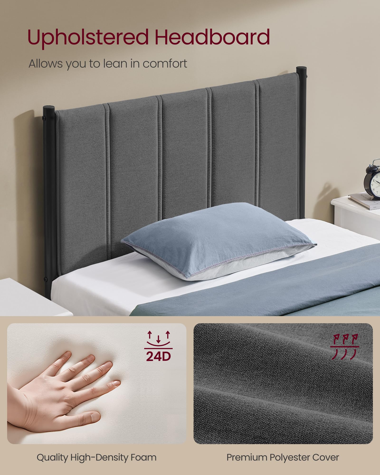 VASAGLE Single Bed Frame 90 x 190 cm with Upholstered Headboard | Slate Grey | Squeak Resistant 4