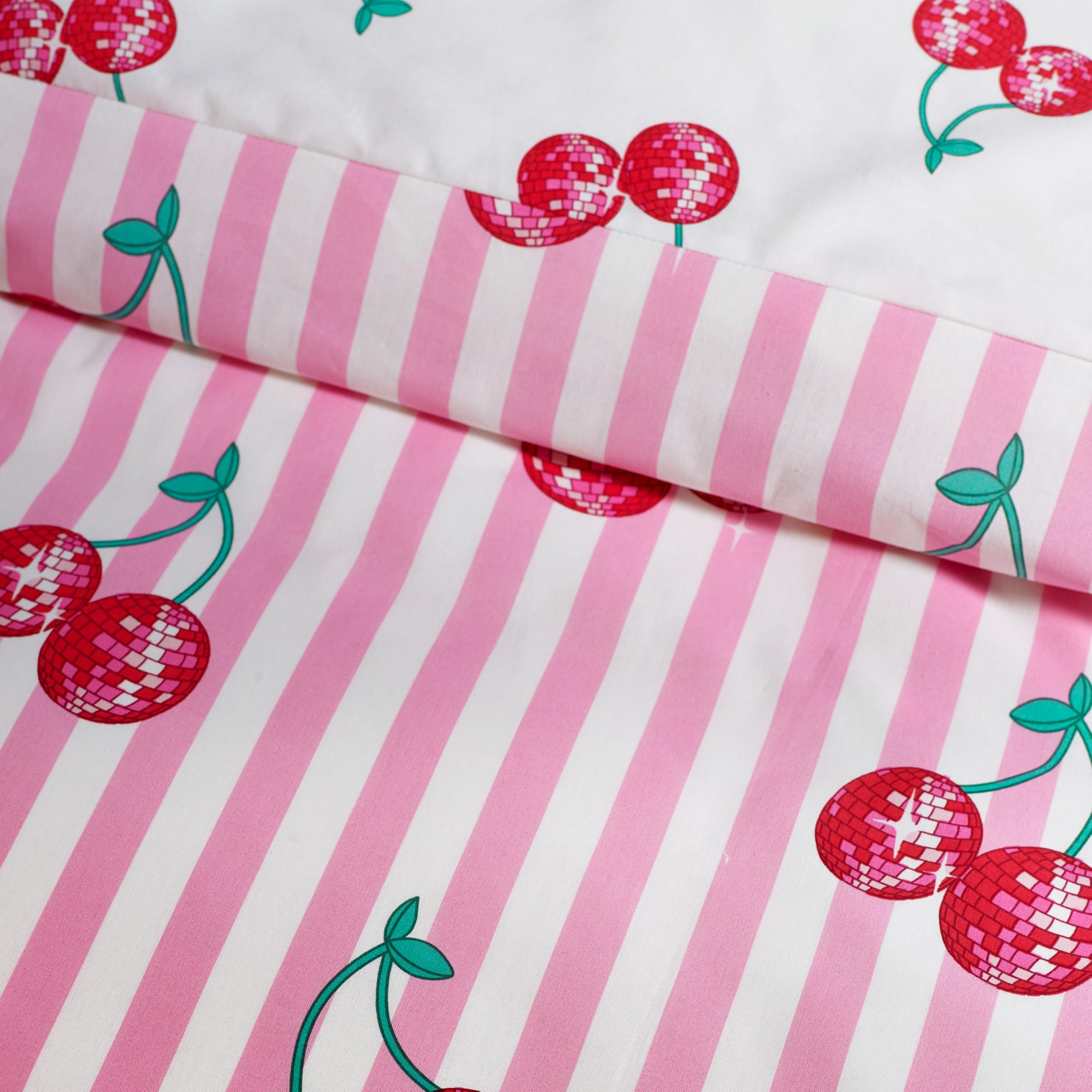 Catherine Lansfield Disco Cherries Stripes Reversible Double Duvet Cover Set | Pink | Polycotton 4