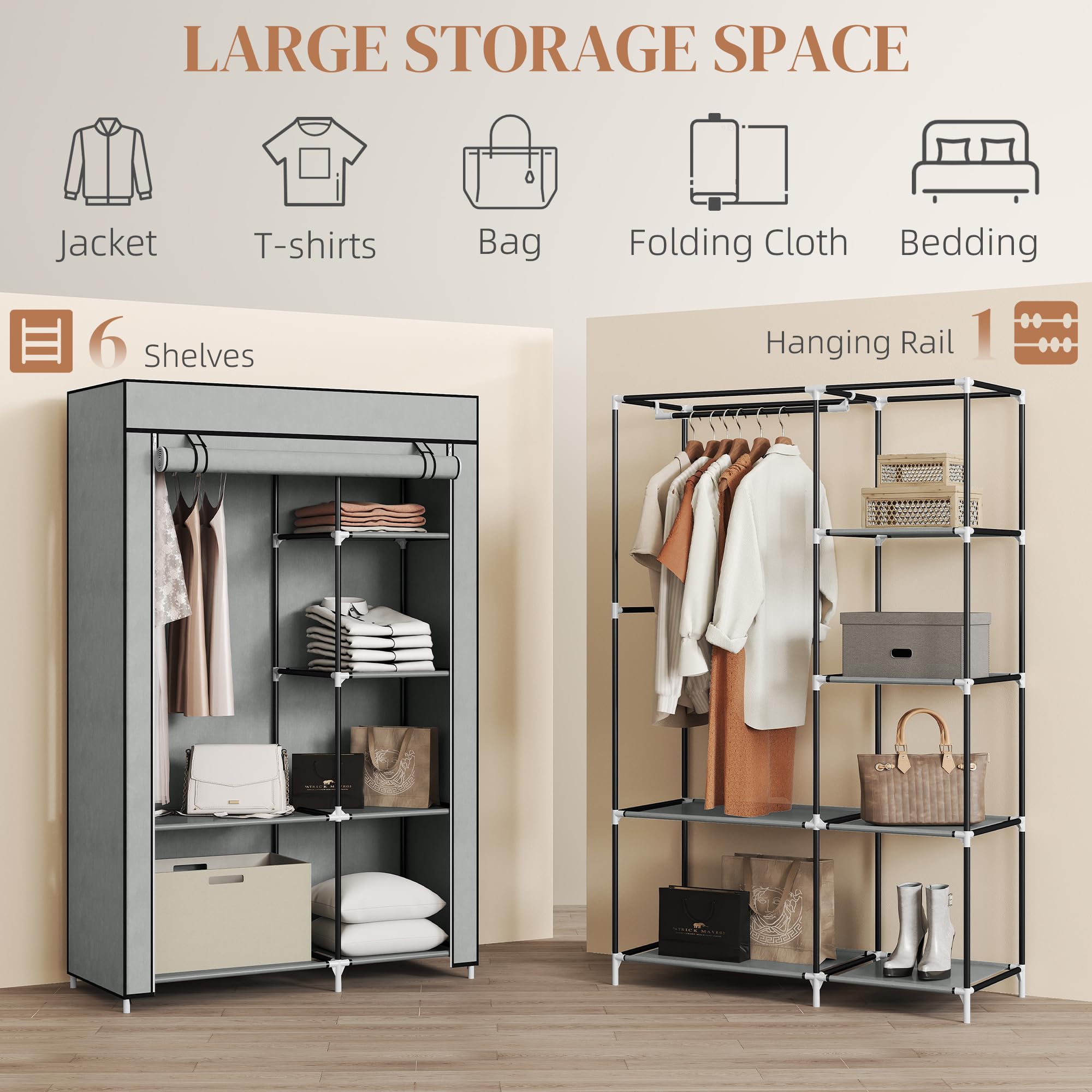 HOMCOM Portable Foldable Closet with 6 Shelves and Hanging Rail | Light Grey | 103W x 43D x 162.5H cm 3