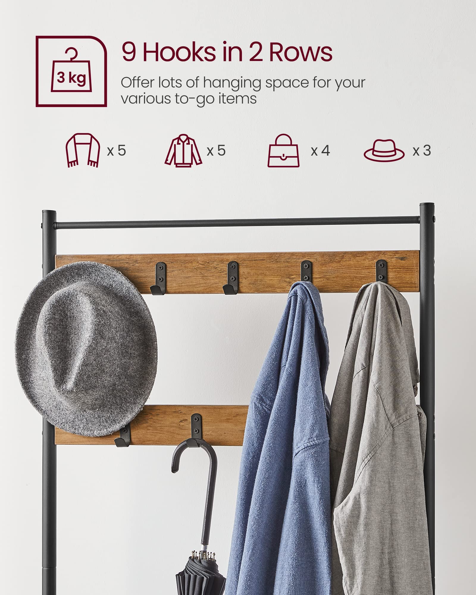 VASAGLE Hallway Storage Coat Rack with Shoe Bench | 9 Hooks | Chestnut Brown + Black 4