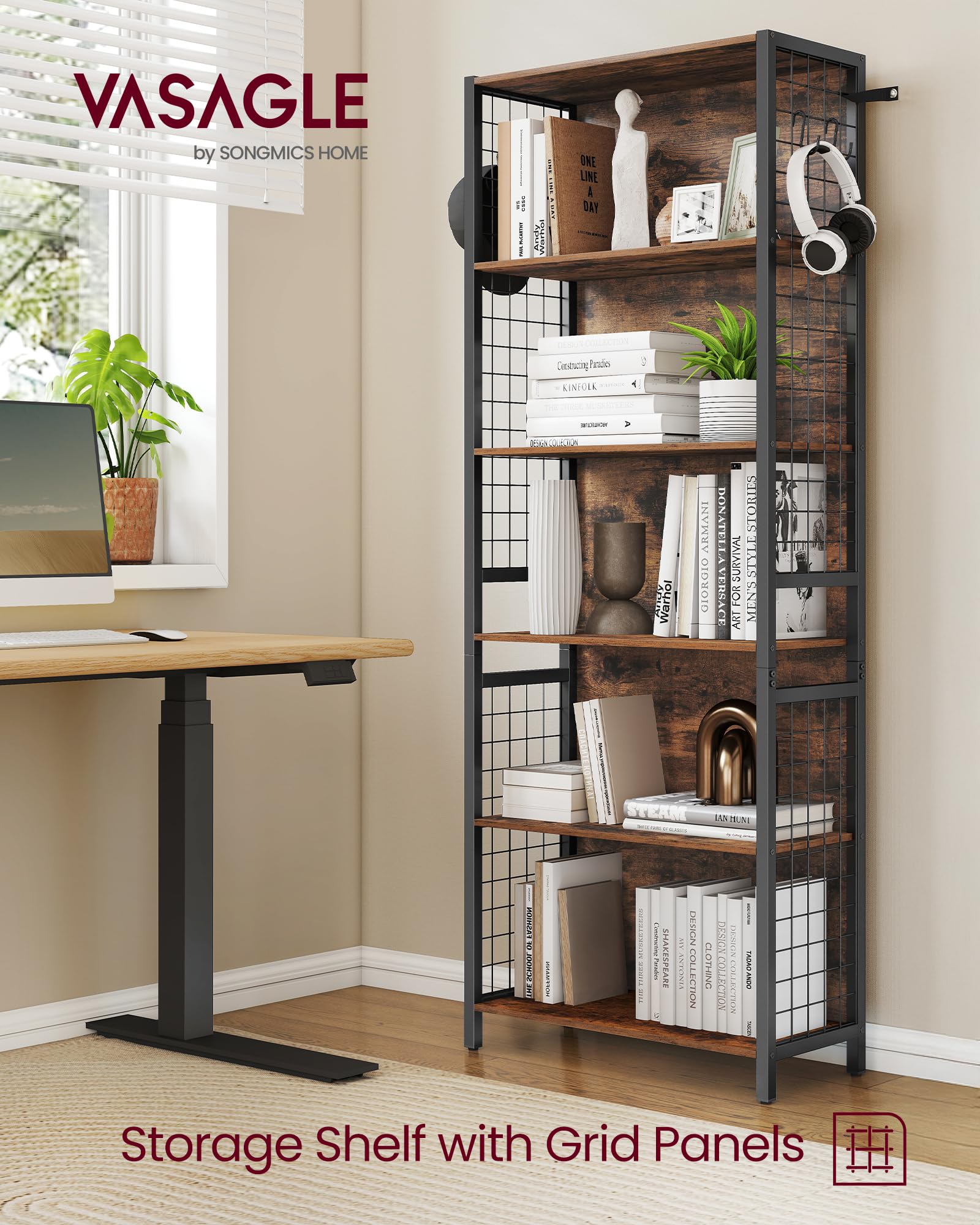 VASAGLE 6-Tier Bookcase with 4 Hooks | Rustic Brown & Ink Black | 30 x 60 x 175.6 cm 3