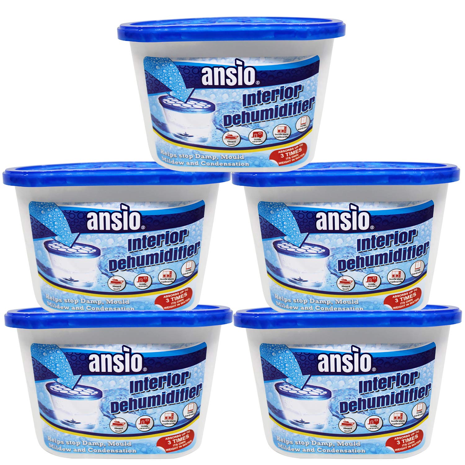 ANSIO Disposable Dehumidifier Tubs - Pack of 5 | Calcium Chloride | Absorbs up to 3x Own Weight
