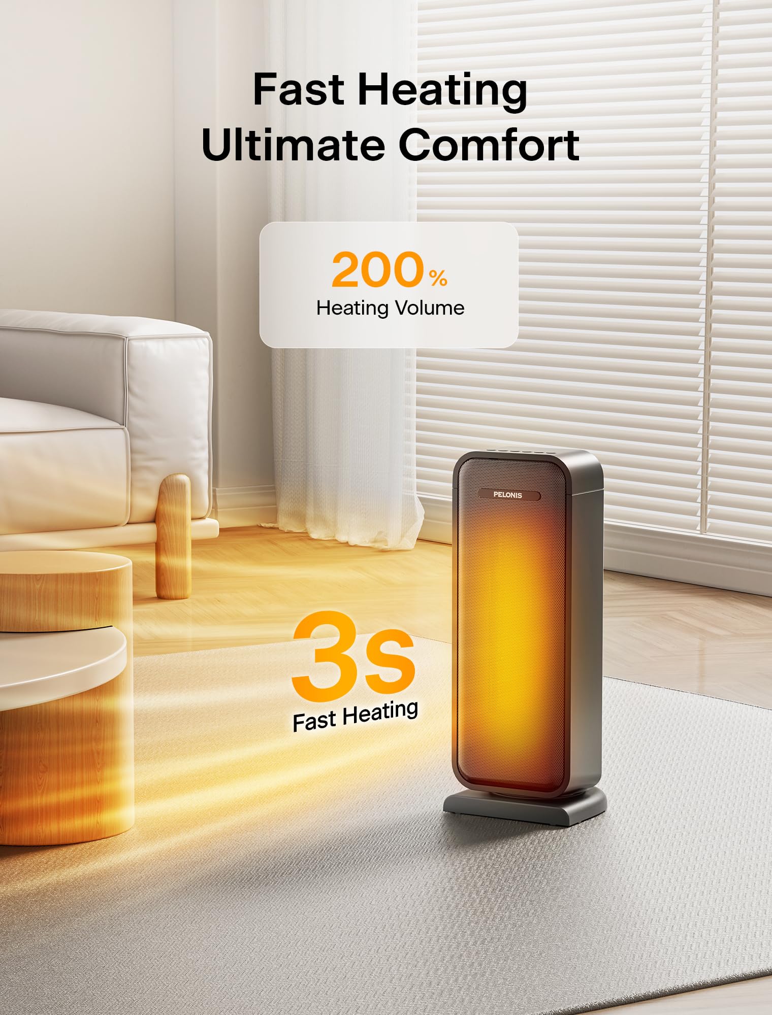 Pelonis Electric Heater - 2000W PTC Ceramic, Digital Thermostat, 12H Timer, 90° Oscillation | Black 2