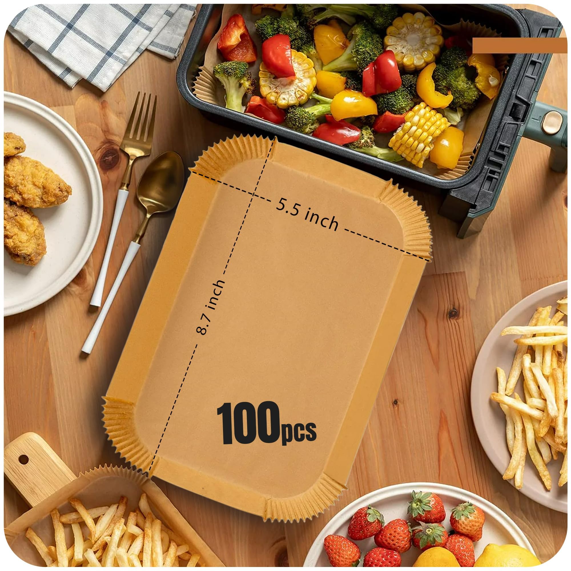 Roe Tenpo Air Fryer Liners - 100Pcs Disposable Non-Stick Parchment Paper for Dual Zone Fryers | 5.5 x 8.7 Inch 3
