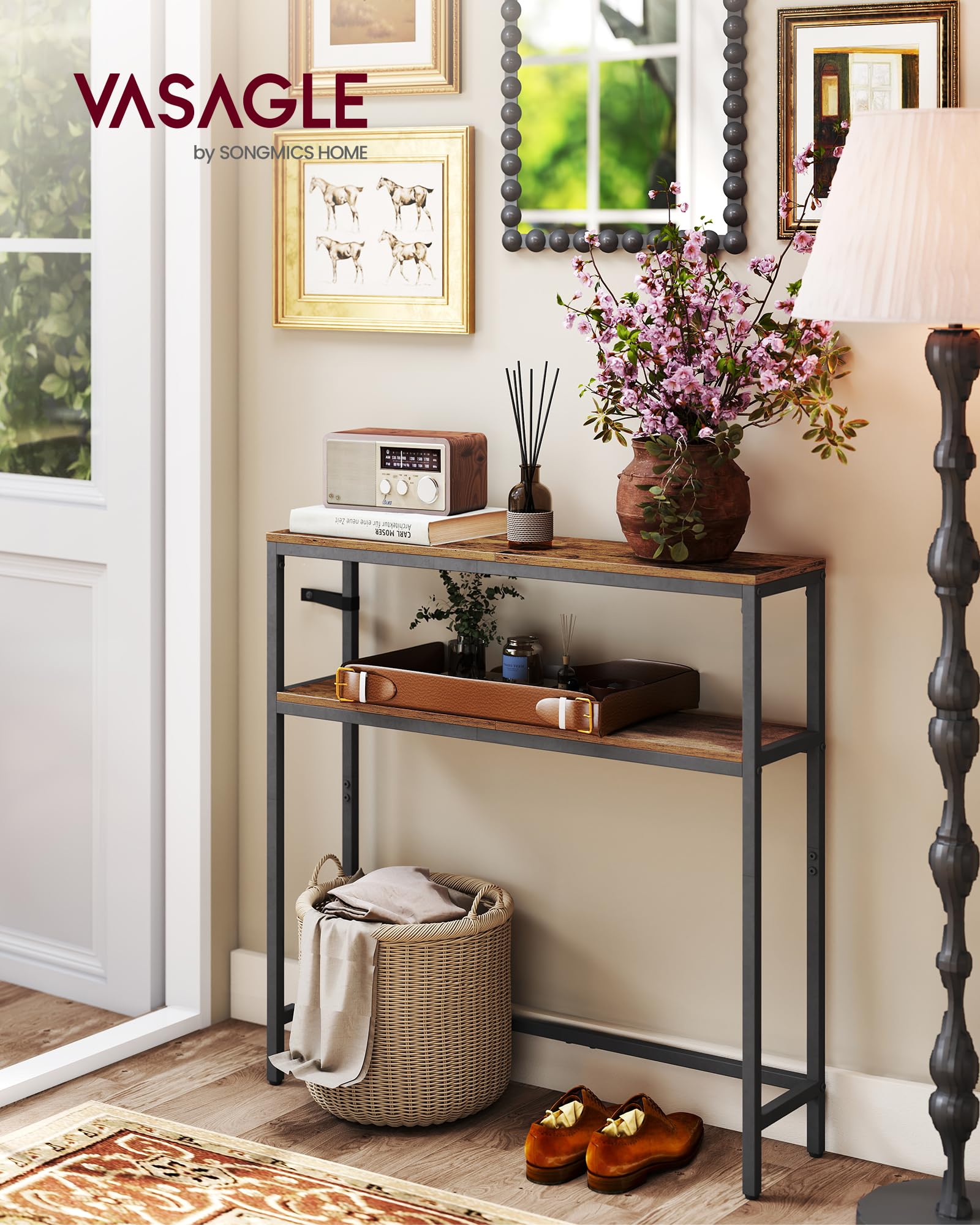 VASAGLE Console Table - 2-Tier Slim Sofa Table | 80 x 80 x 20 cm | Rustic Brown/Ink Black 2