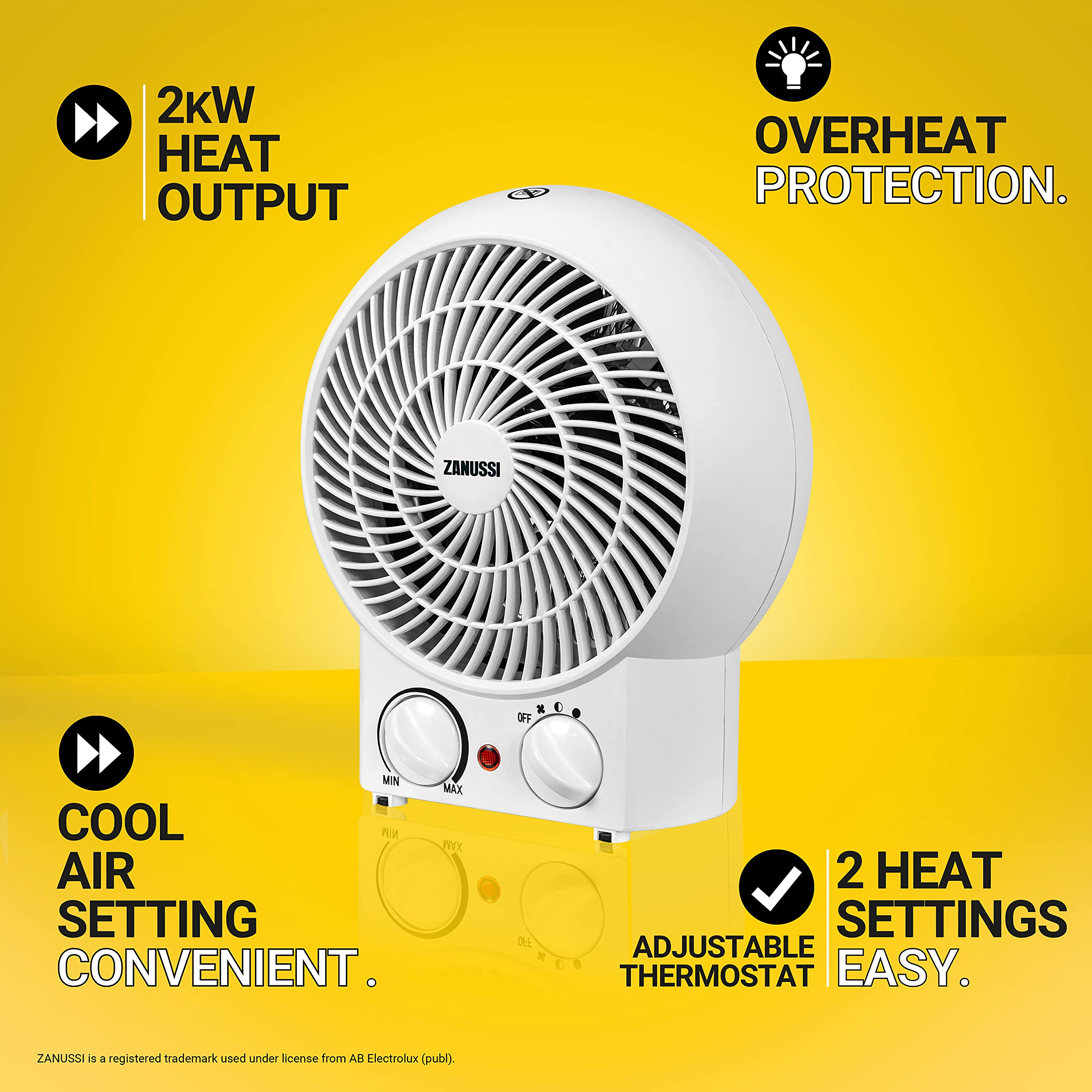 Zanussi ZFH1001 2000W Portable Upright Fan Heater | 2 Heat Settings | Overheat Protection 2