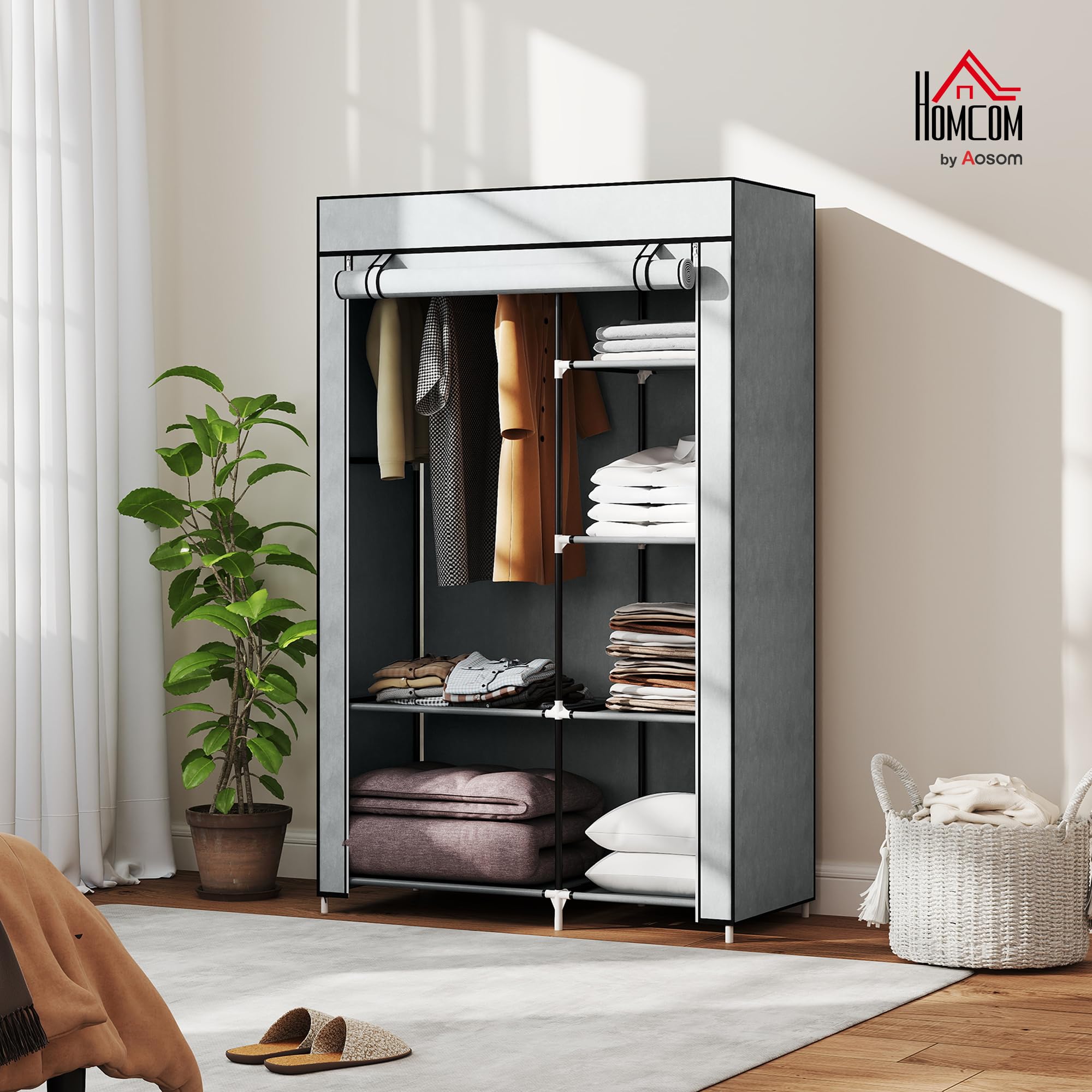 HOMCOM Portable Foldable Closet with 6 Shelves and Hanging Rail | Light Grey | 103W x 43D x 162.5H cm 2